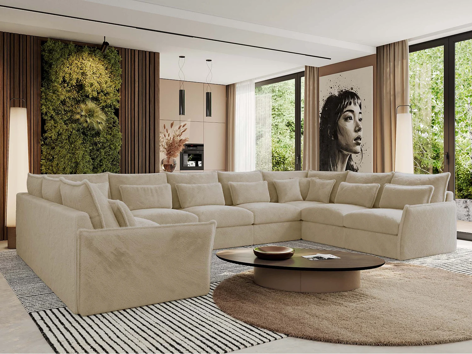 Ecksofa VERSO U9M - XXL Wohnlandschaft Ecke, modulare, Armlehnen und lose Kissen - Creme Plüsch