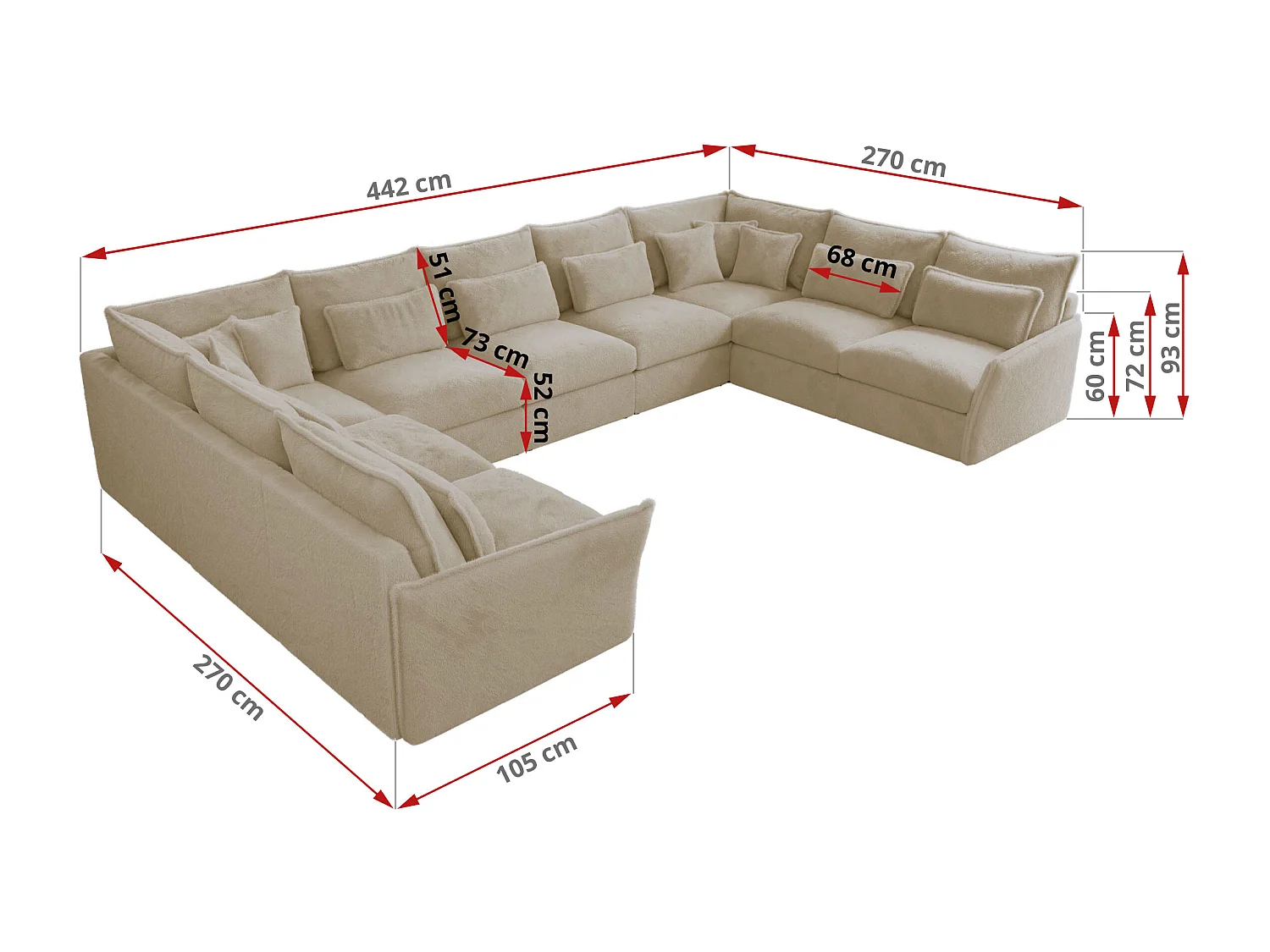 Ecksofa VERSO U9M - XXL Wohnlandschaft Ecke, modulare, Armlehnen und lose Kissen - Creme Plüsch