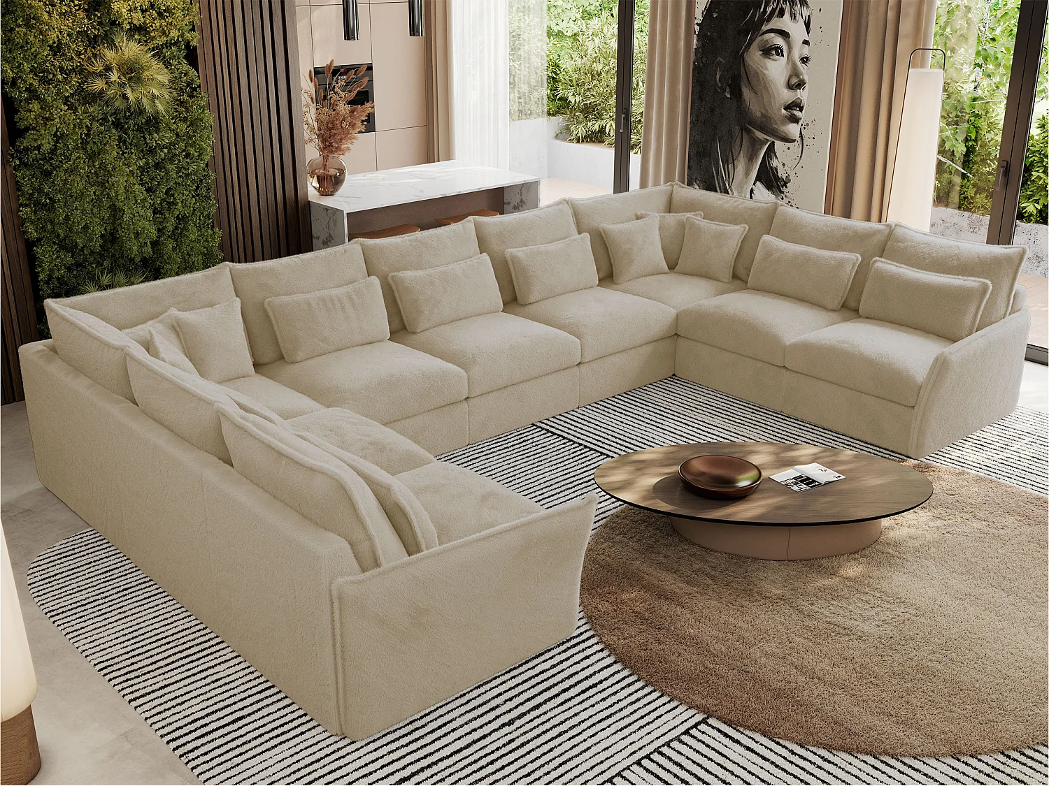 Ecksofa VERSO U9M - XXL Wohnlandschaft Ecke, modulare, Armlehnen und lose Kissen - Creme Plüsch