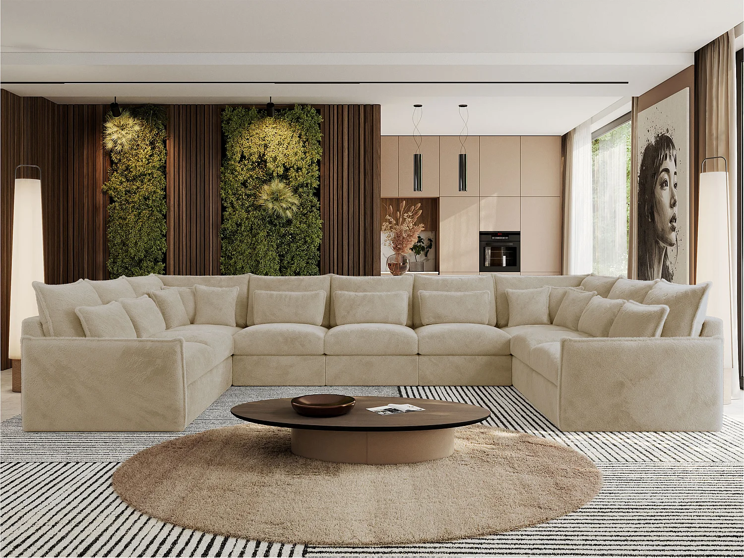 Ecksofa VERSO U9M - XXL Wohnlandschaft Ecke, modulare, Armlehnen und lose Kissen - Creme Plüsch