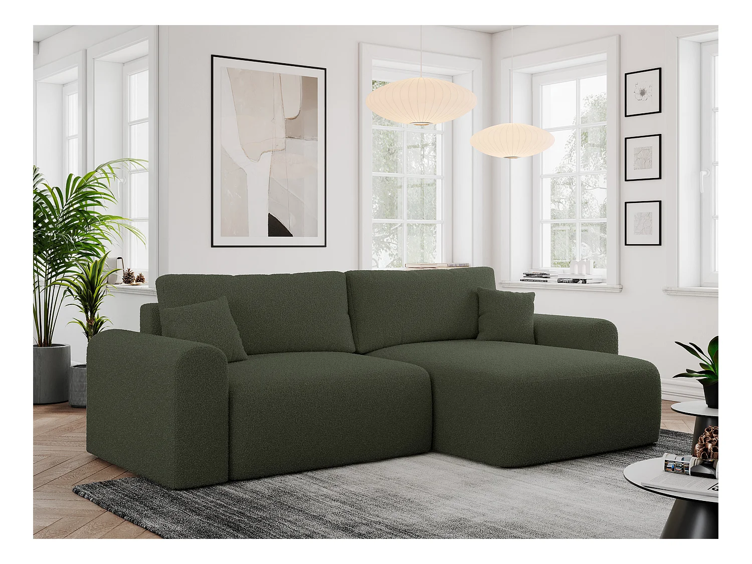 Ecksofa NELSON - Schlafcouch mit Armlehnen und Bettkasten, universelles L-förmige Ecksofa - Grün Boucle