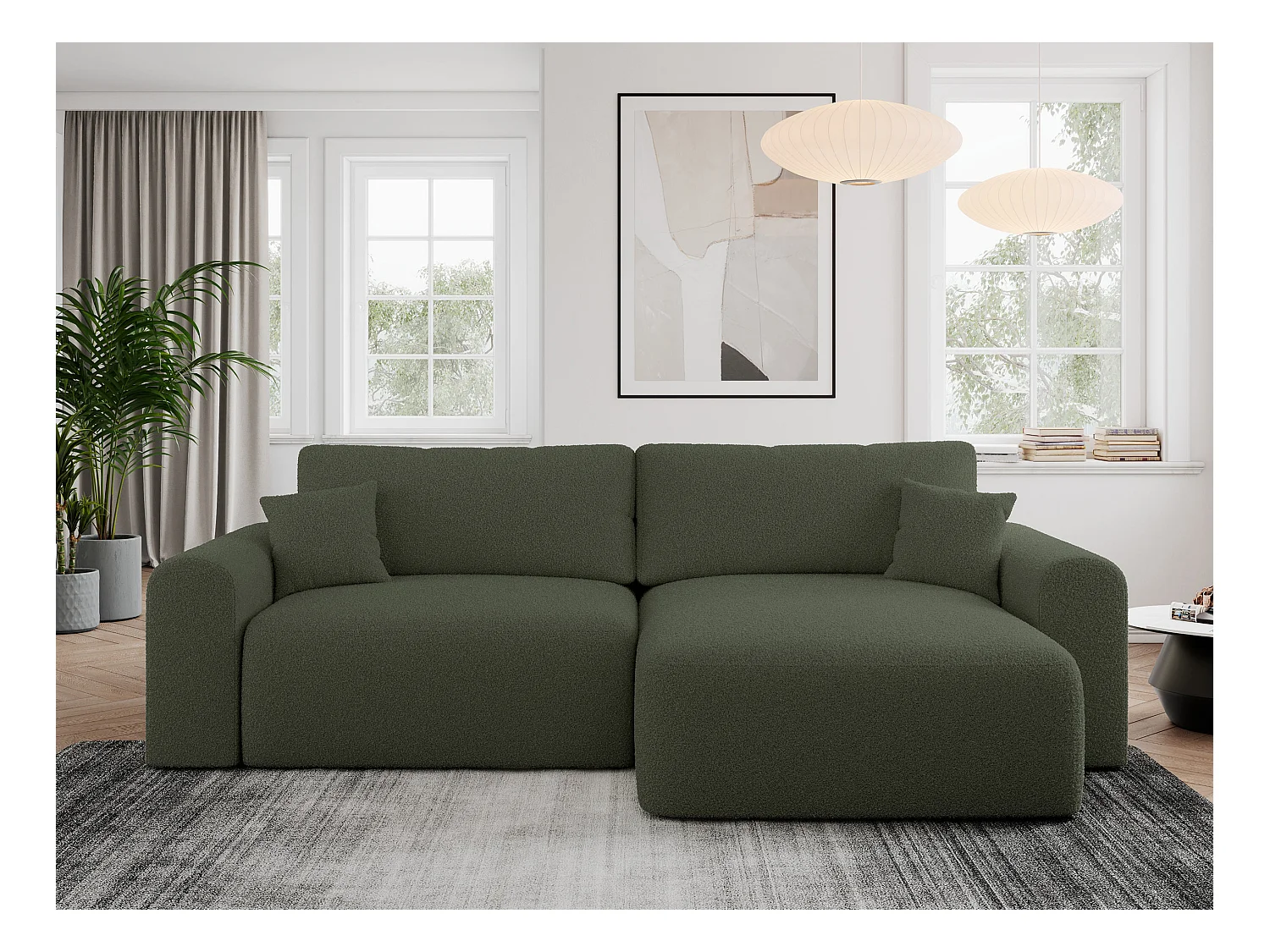Ecksofa NELSON - Schlafcouch mit Armlehnen und Bettkasten, universelles L-förmige Ecksofa - Grün Boucle