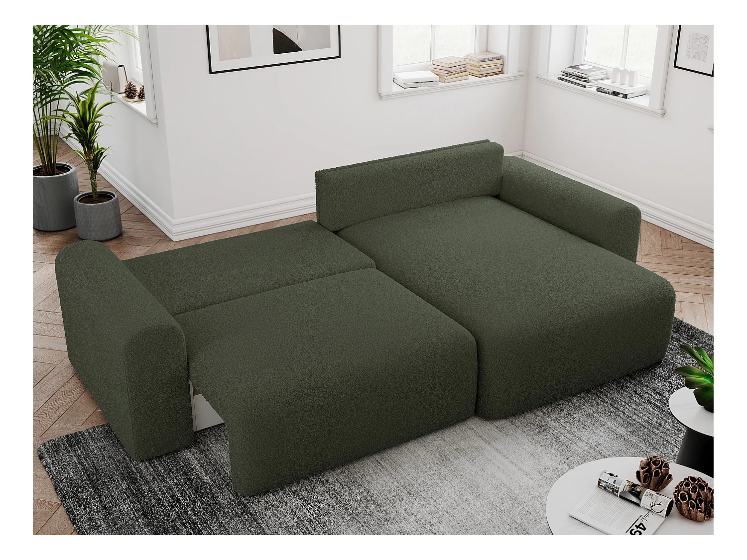 Ecksofa NELSON - Schlafcouch mit Armlehnen und Bettkasten, universelles L-förmige Ecksofa - Grün Boucle