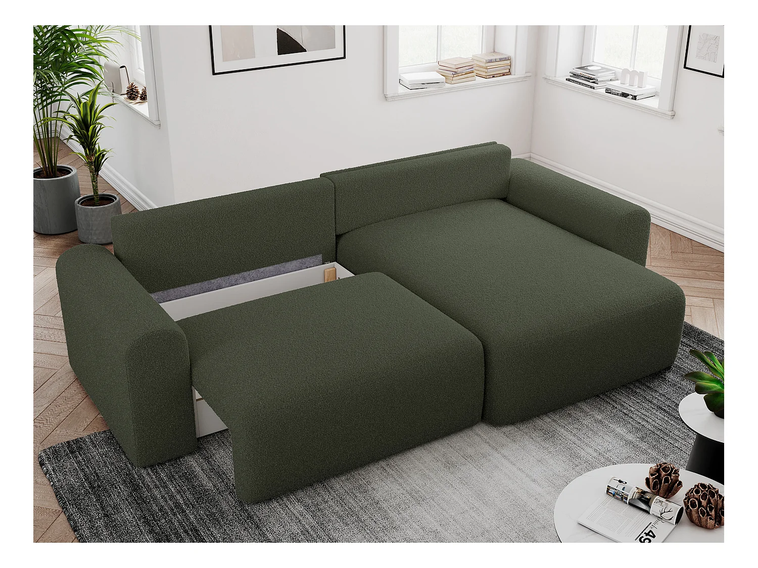 Ecksofa NELSON - Schlafcouch mit Armlehnen und Bettkasten, universelles L-förmige Ecksofa - Grün Boucle