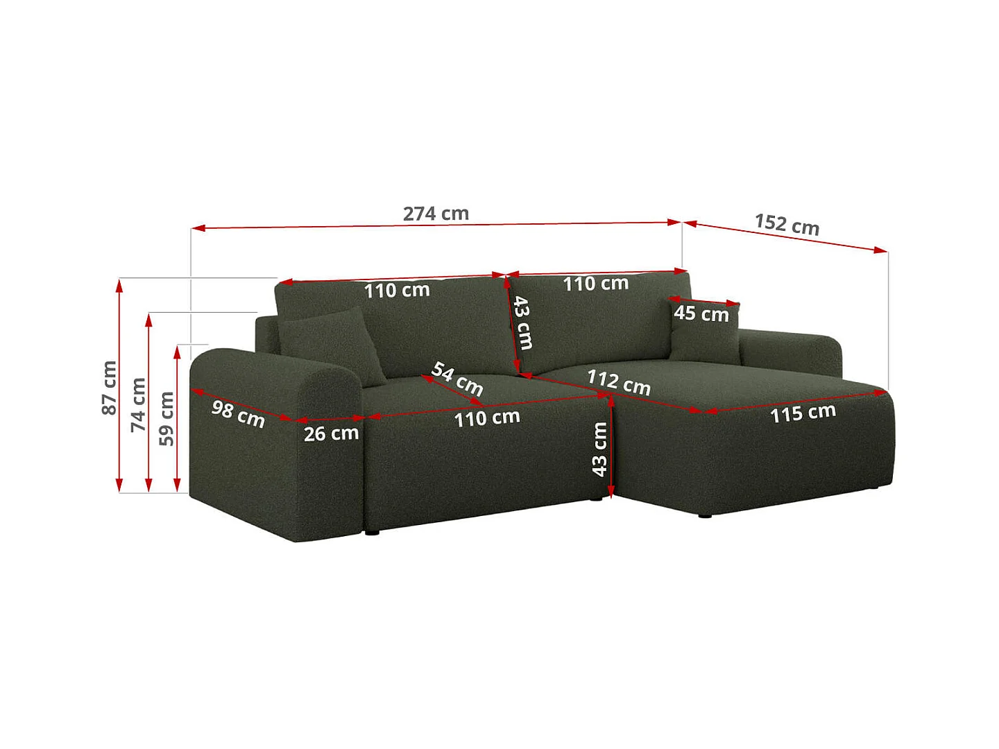 Ecksofa NELSON - Schlafcouch mit Armlehnen und Bettkasten, universelles L-förmige Ecksofa - Grün Boucle