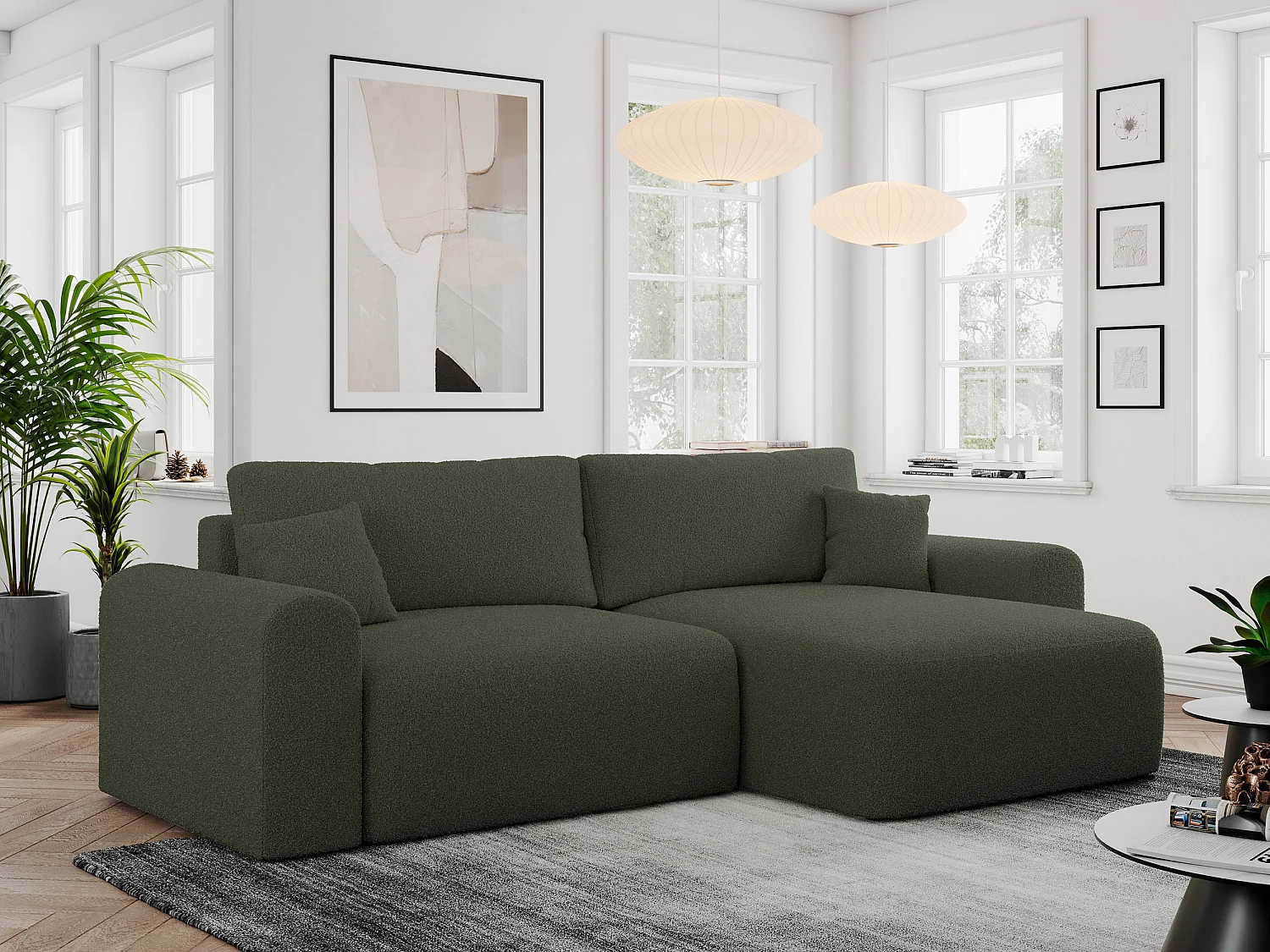 Ecksofa NELSON - Schlafcouch mit Armlehnen und Bettkasten, universelles L-förmige Ecksofa - Grün Boucle