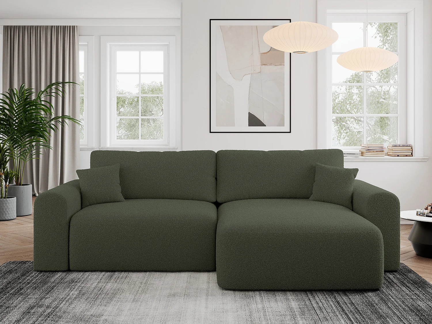 Ecksofa NELSON - Schlafcouch mit Armlehnen und Bettkasten, universelles L-förmige Ecksofa - Grün Boucle