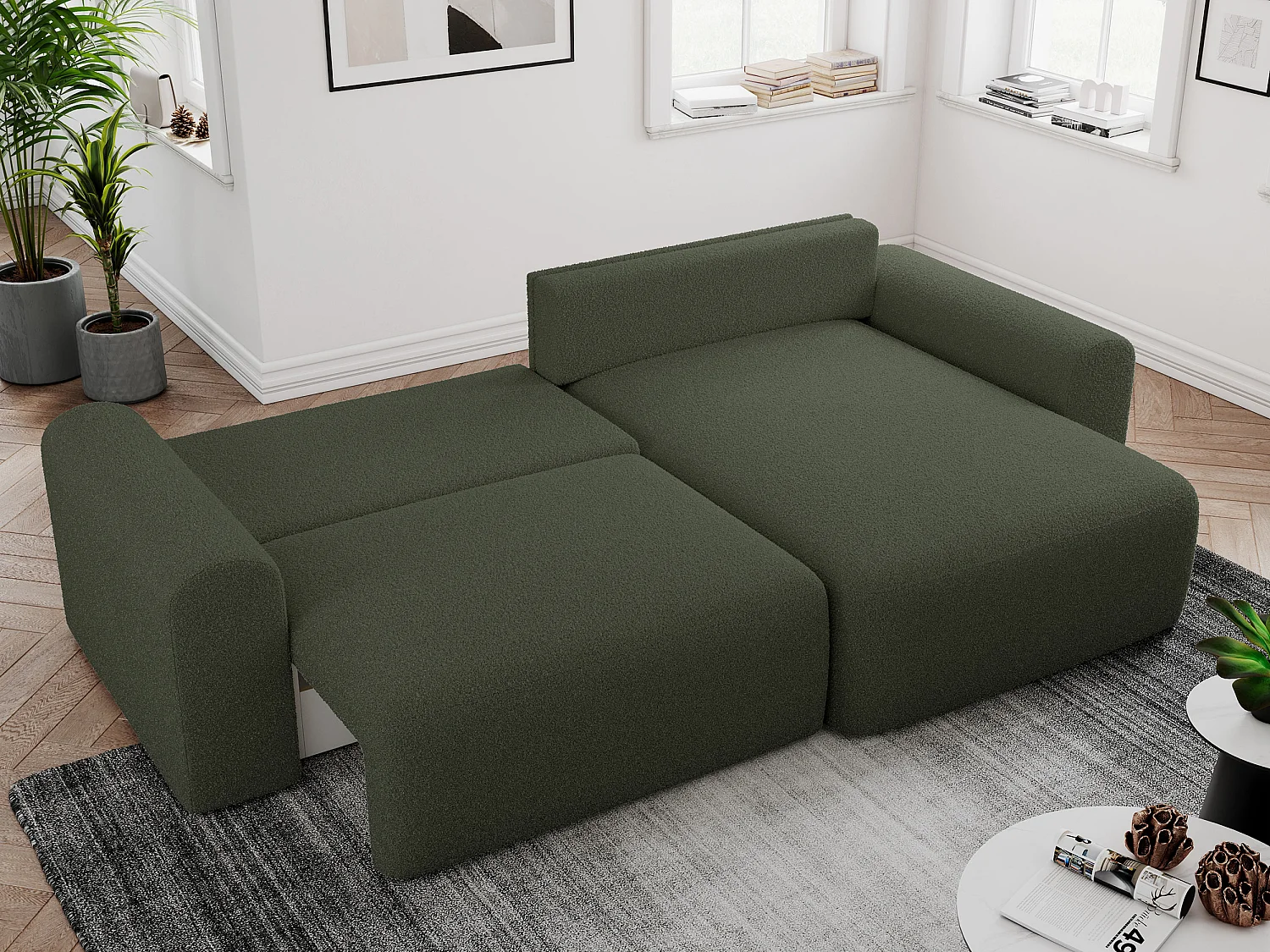 Ecksofa NELSON - Schlafcouch mit Armlehnen und Bettkasten, universelles L-förmige Ecksofa - Grün Boucle