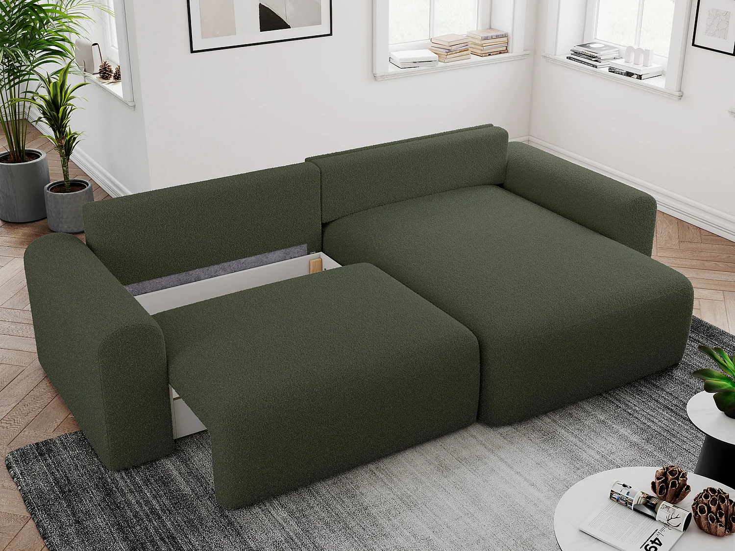 Ecksofa NELSON - Schlafcouch mit Armlehnen und Bettkasten, universelles L-förmige Ecksofa - Grün Boucle