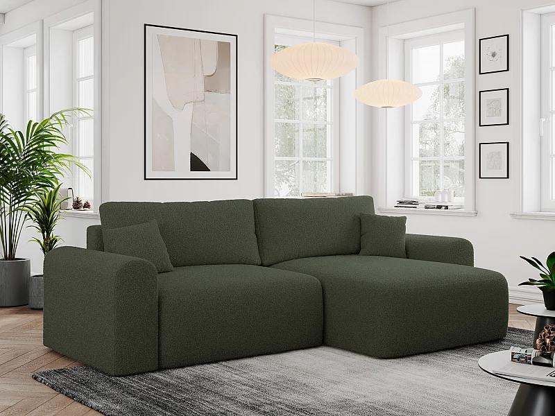 Ecksofa NELSON - Schlafcouch mit Armlehnen und Bettkasten, universelles L-förmige Ecksofa - Grün Boucle