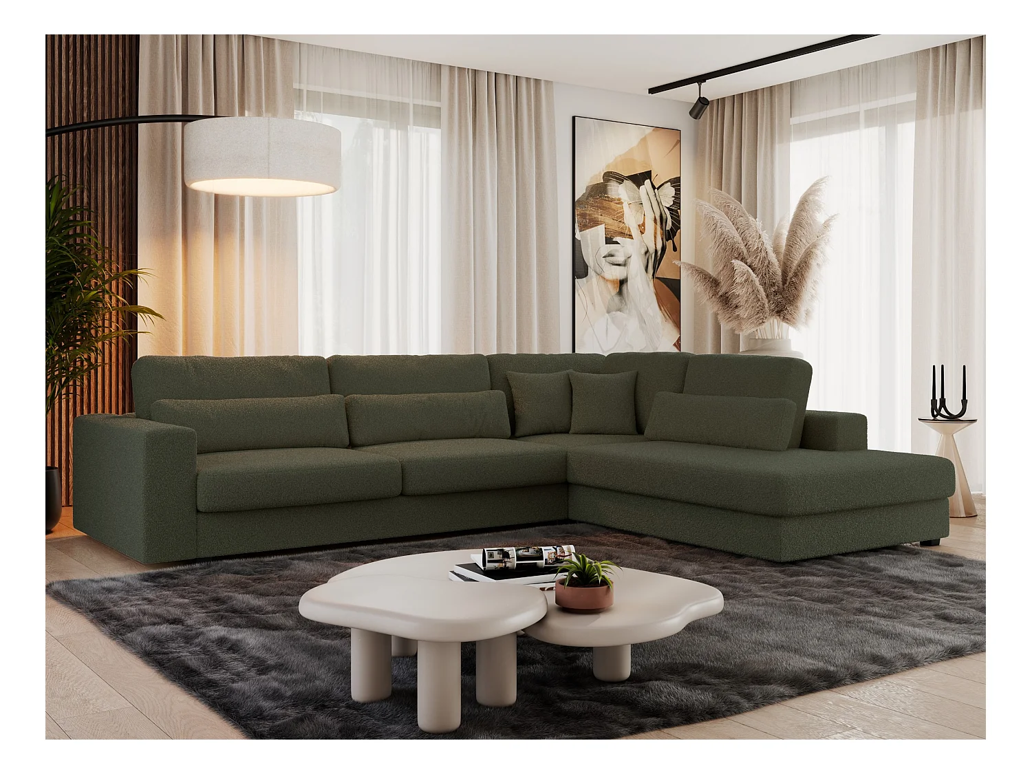 Ecksofa SAVONA - mit Armlehnen, lose Kissen, große L-förmige Ecke, Wohnlandschaft - Grün Boucle - Ecke Rechts