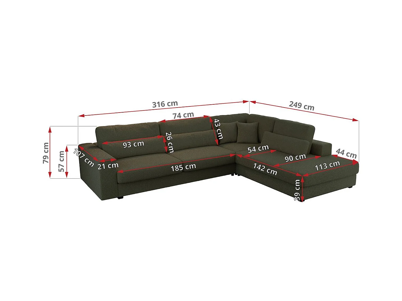 Ecksofa SAVONA - mit Armlehnen, lose Kissen, große L-förmige Ecke, Wohnlandschaft - Grün Boucle - Ecke Rechts