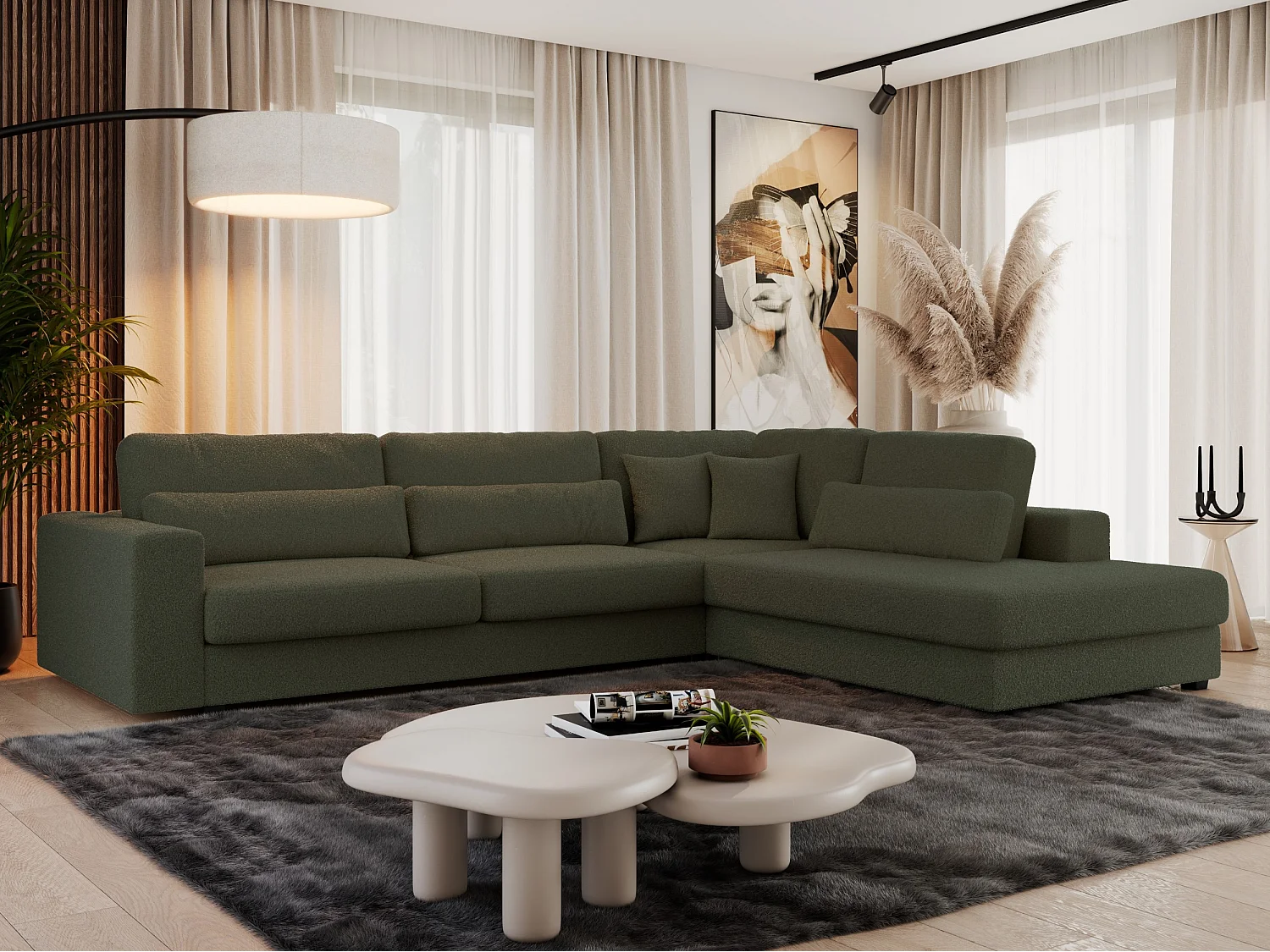 Ecksofa SAVONA - mit Armlehnen, lose Kissen, große L-förmige Ecke, Wohnlandschaft - Grün Boucle - Ecke Rechts