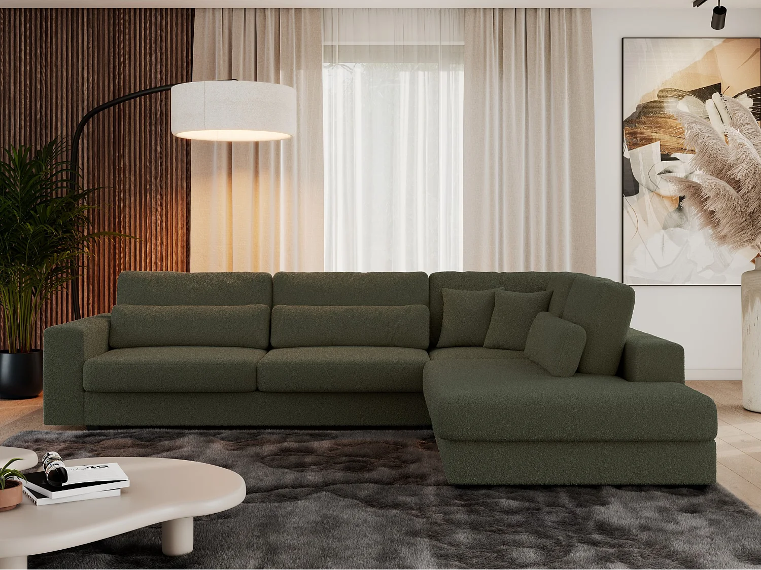 Ecksofa SAVONA - mit Armlehnen, lose Kissen, große L-förmige Ecke, Wohnlandschaft - Grün Boucle - Ecke Rechts