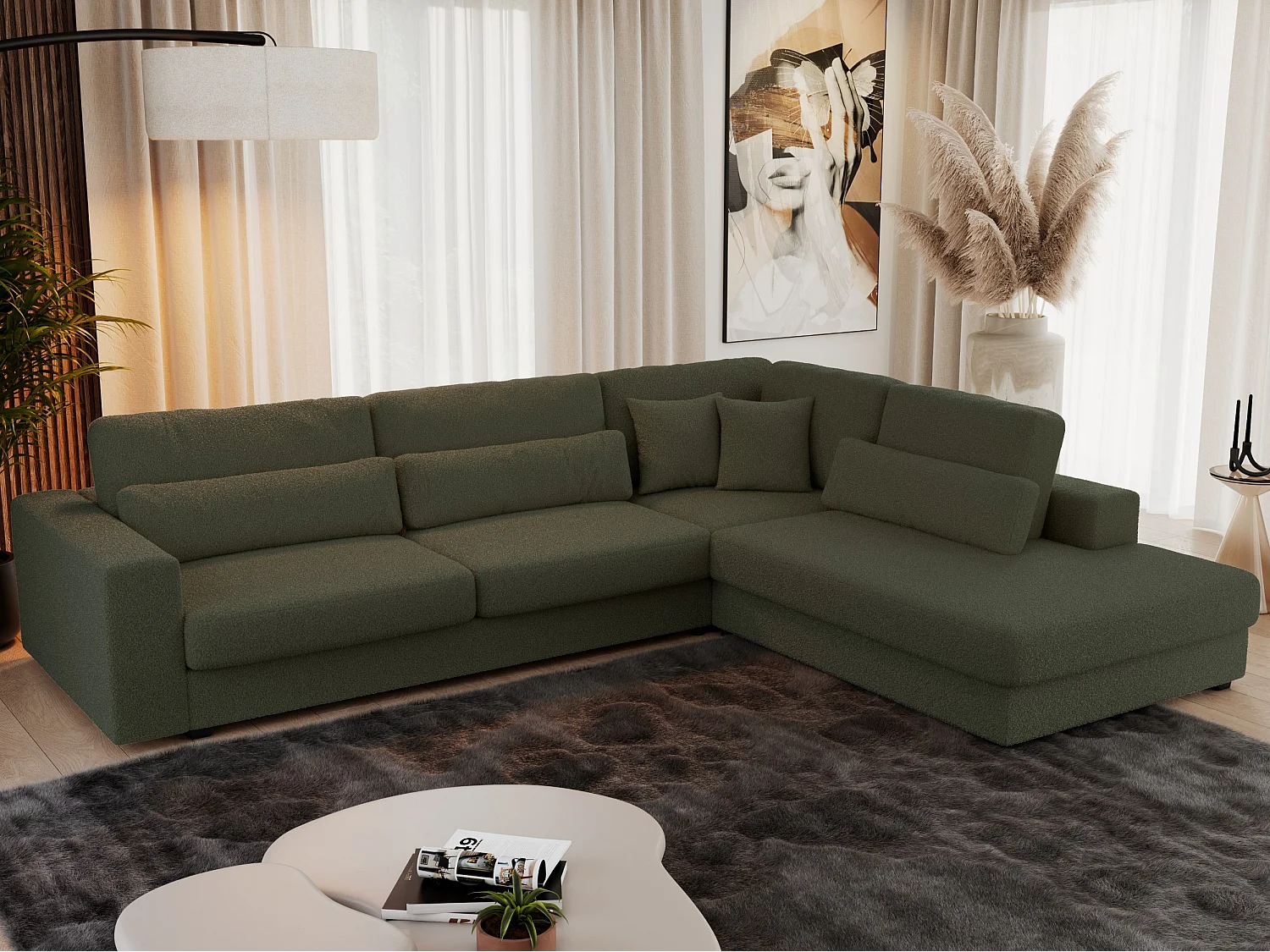 Ecksofa SAVONA - mit Armlehnen, lose Kissen, große L-förmige Ecke, Wohnlandschaft - Grün Boucle - Ecke Rechts