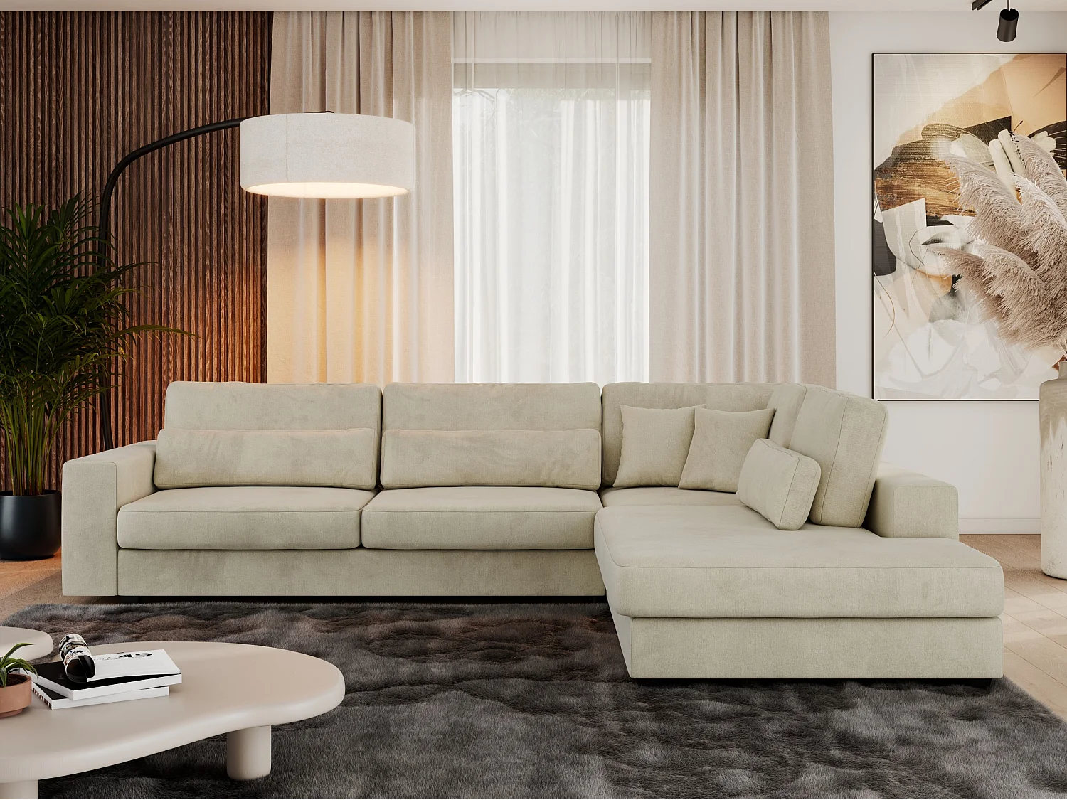 Ecksofa SAVONA - mit Armlehnen, lose Kissen, große L-förmige Ecke, Wohnlandschaft - Beige Velvet - Ecke Rechts