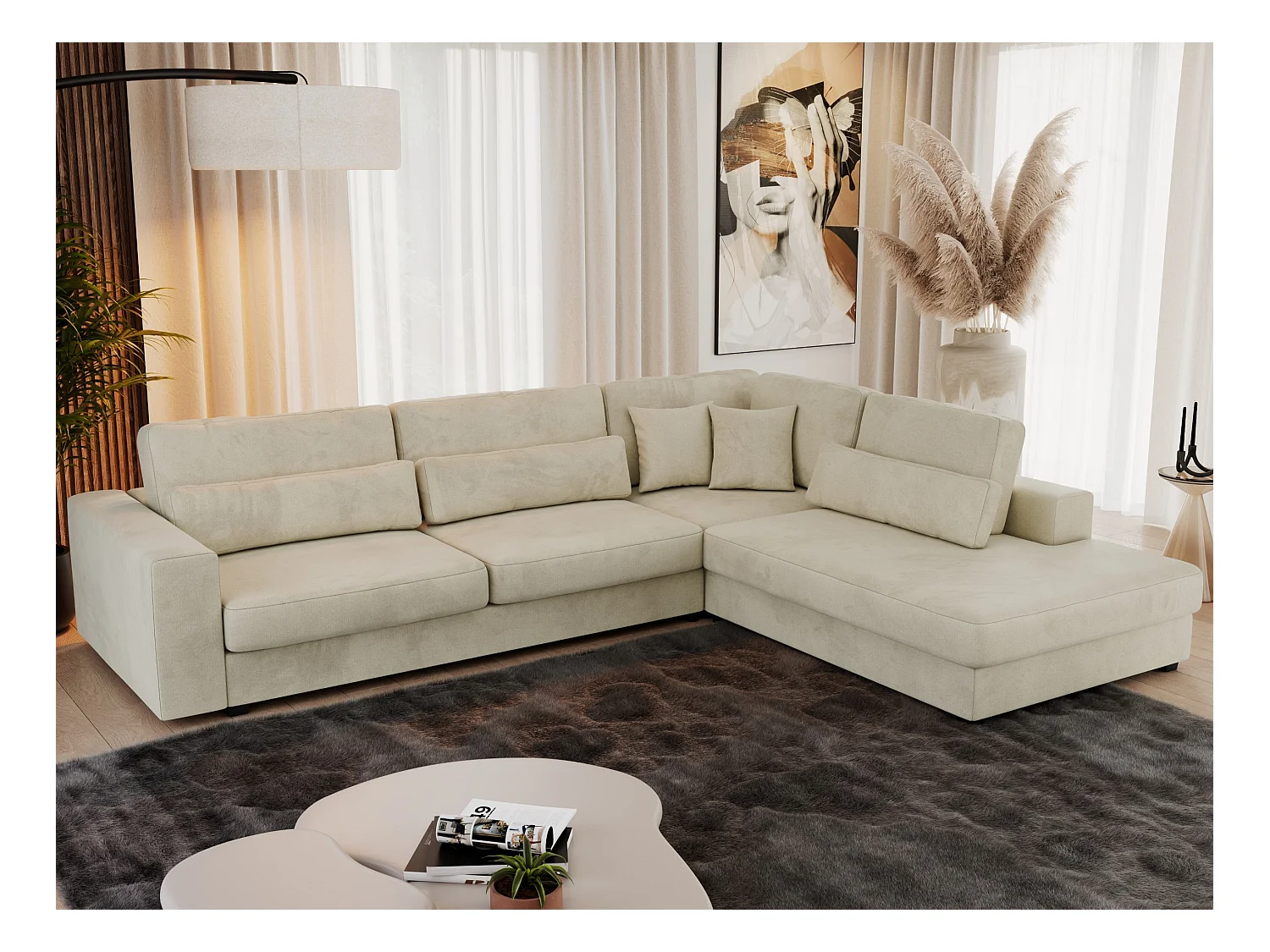 Ecksofa SAVONA - mit Armlehnen, lose Kissen, große L-förmige Ecke, Wohnlandschaft - Beige Velvet - Ecke Rechts