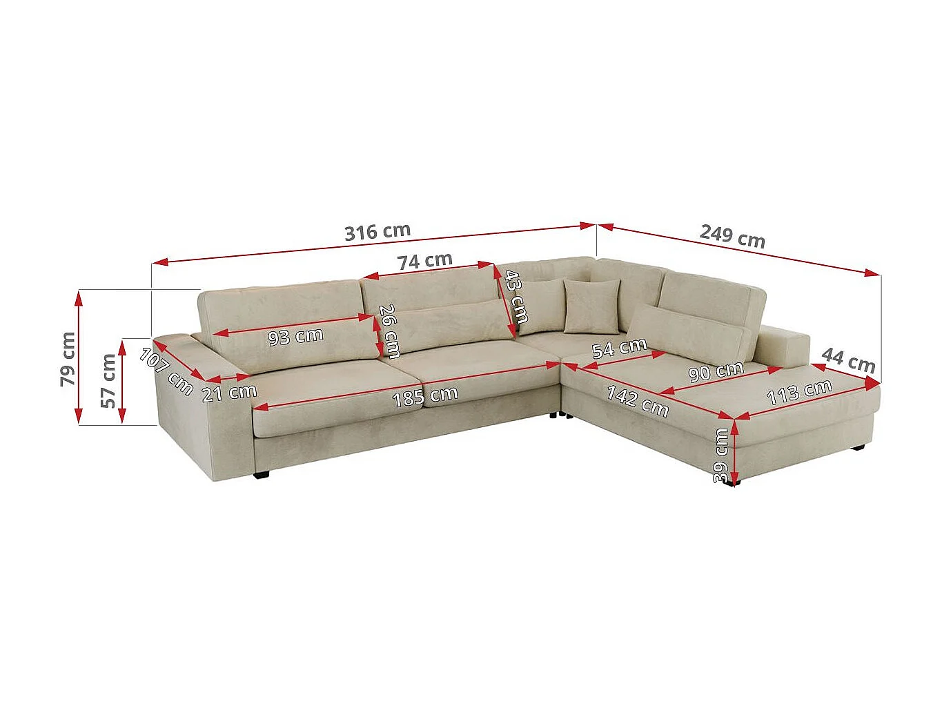 Ecksofa SAVONA - mit Armlehnen, lose Kissen, große L-förmige Ecke, Wohnlandschaft - Beige Velvet - Ecke Rechts