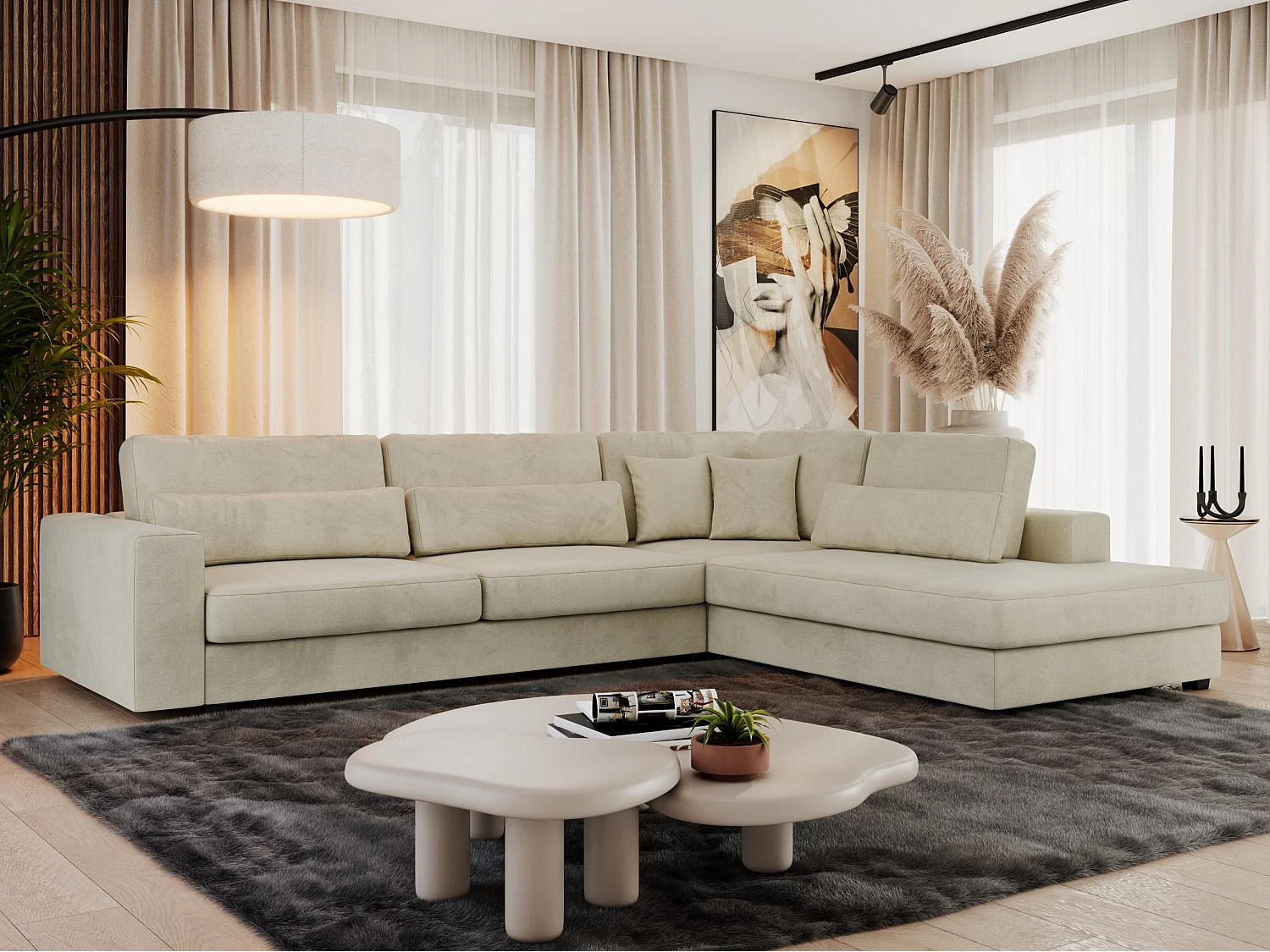 Ecksofa SAVONA - mit Armlehnen, lose Kissen, große L-förmige Ecke, Wohnlandschaft - Beige Velvet - Ecke Rechts