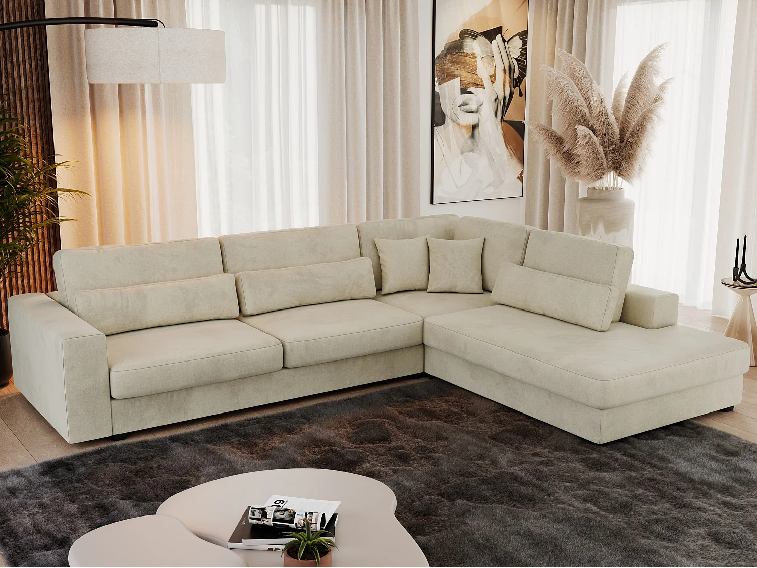 Ecksofa SAVONA - mit Armlehnen, lose Kissen, große L-förmige Ecke, Wohnlandschaft - Beige Velvet - Ecke Rechts