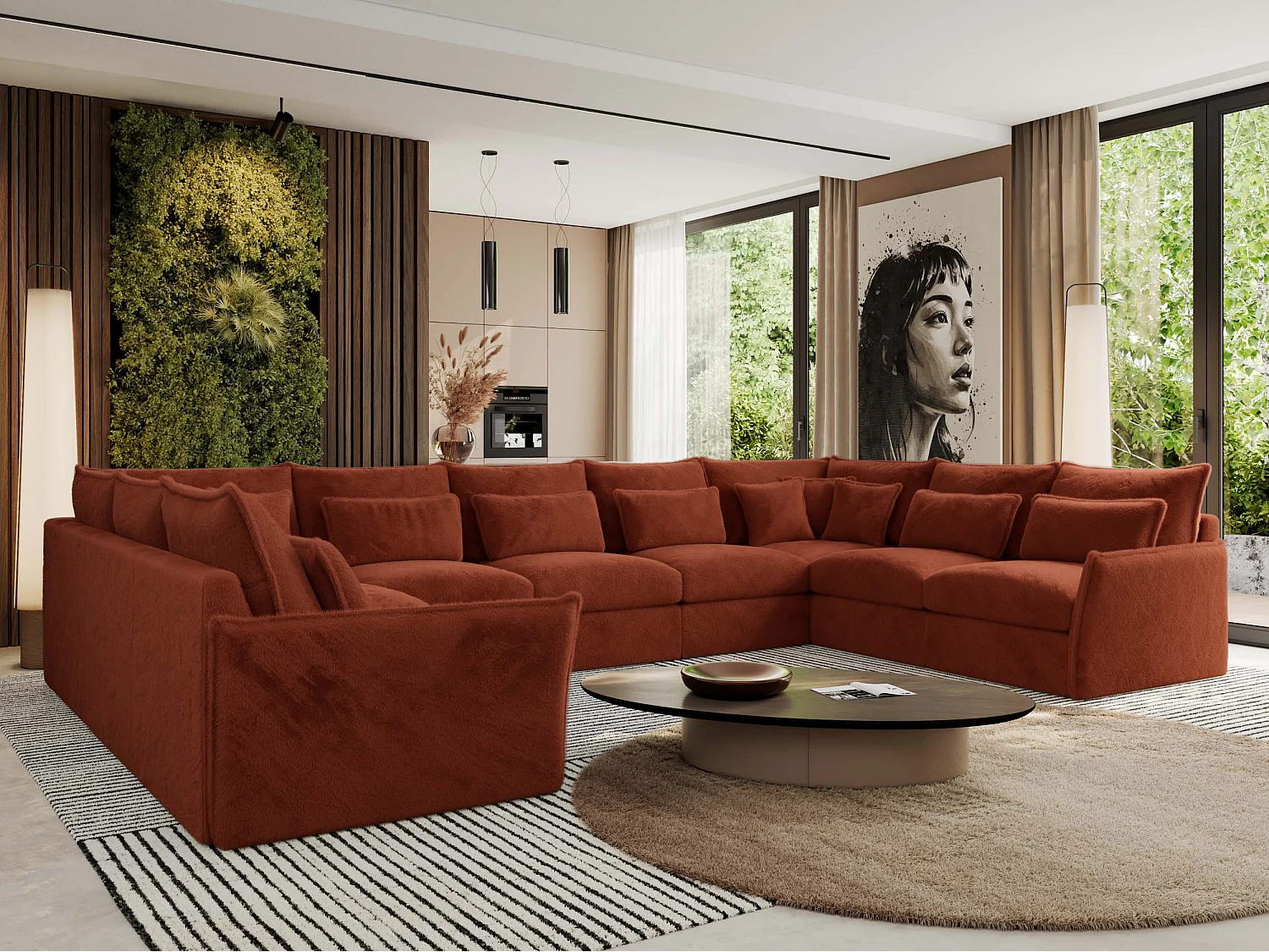 Ecksofa VERSO U9M - XXL Wohnlandschaft Ecke, modulare, Armlehnen und lose Kissen - Orange Plüsch