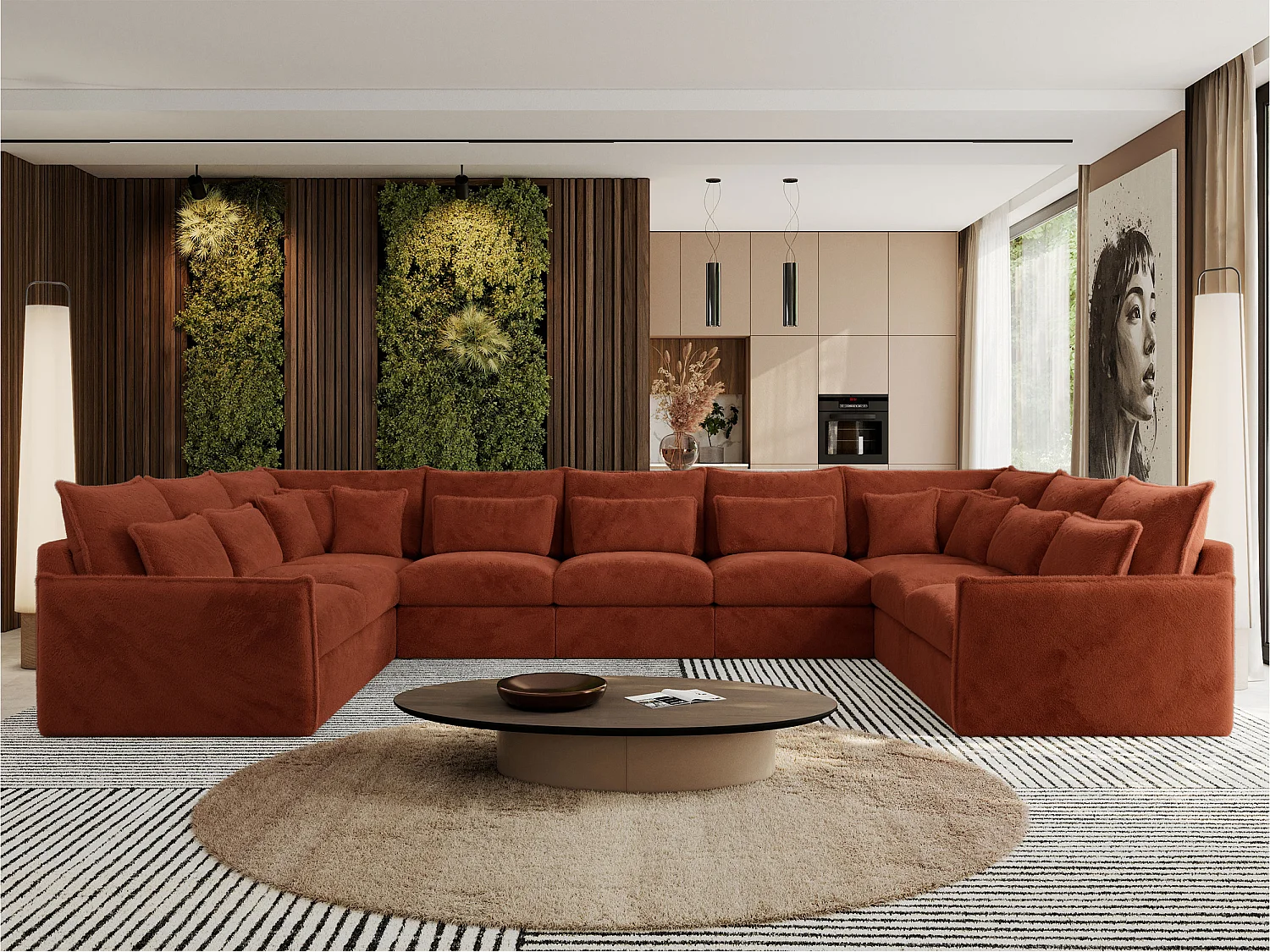 Ecksofa VERSO U9M - XXL Wohnlandschaft Ecke, modulare, Armlehnen und lose Kissen - Orange Plüsch