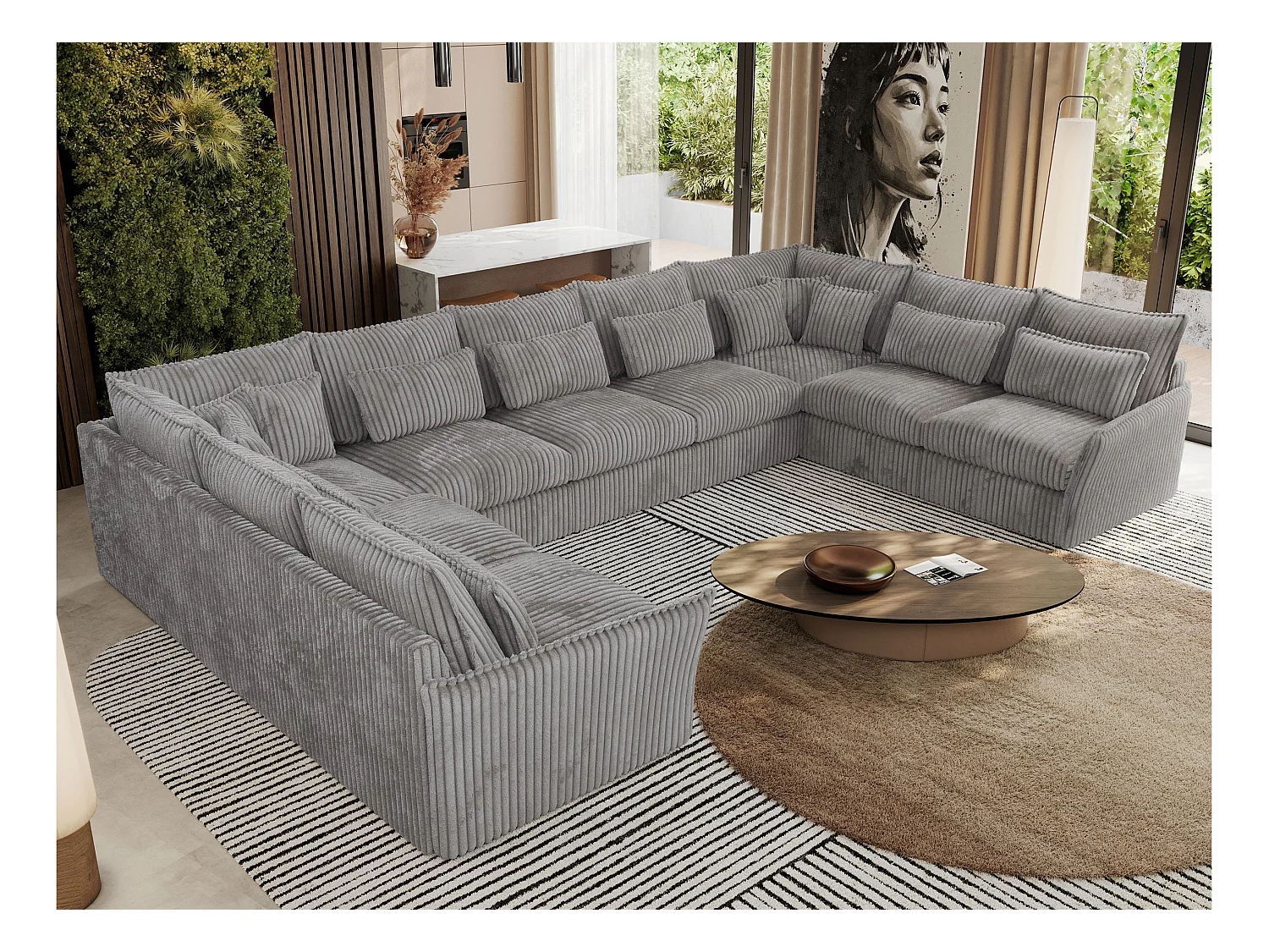 Ecksofa VERSO U9M - XXL Wohnlandschaft Ecke, modulare, Armlehnen und lose Kissen - Hellgrau Cord