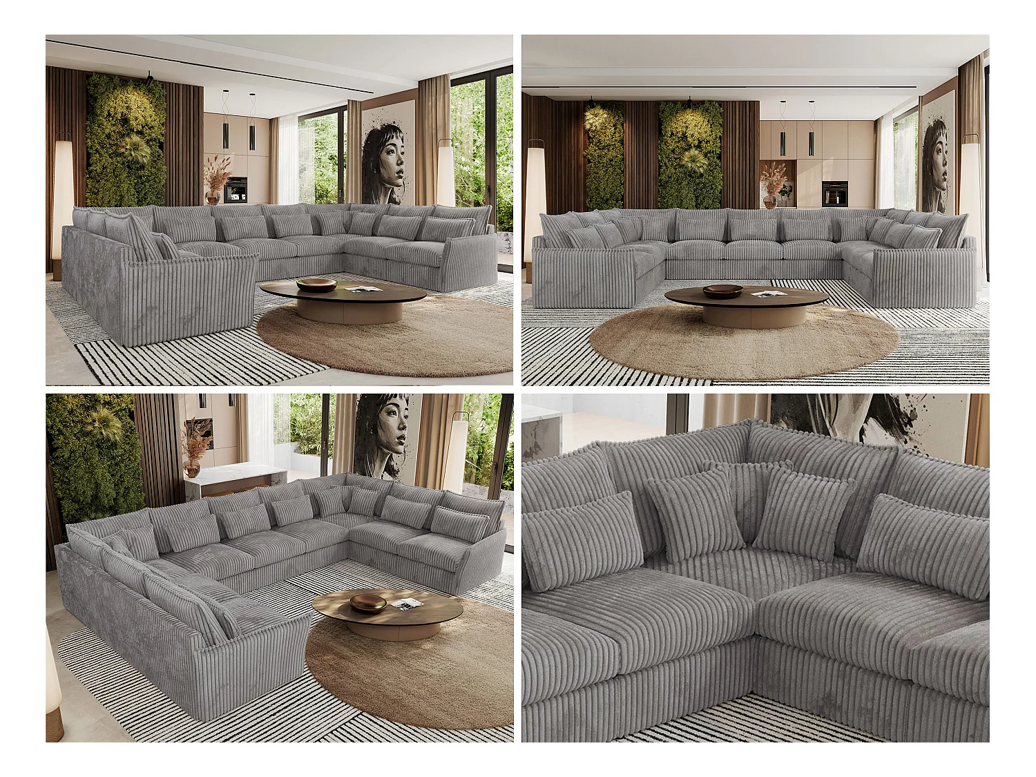 Ecksofa VERSO U9M - XXL Wohnlandschaft Ecke, modulare, Armlehnen und lose Kissen - Hellgrau Cord