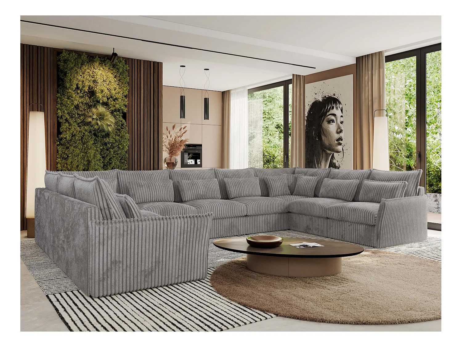 Ecksofa VERSO U9M - XXL Wohnlandschaft Ecke, modulare, Armlehnen und lose Kissen - Hellgrau Cord