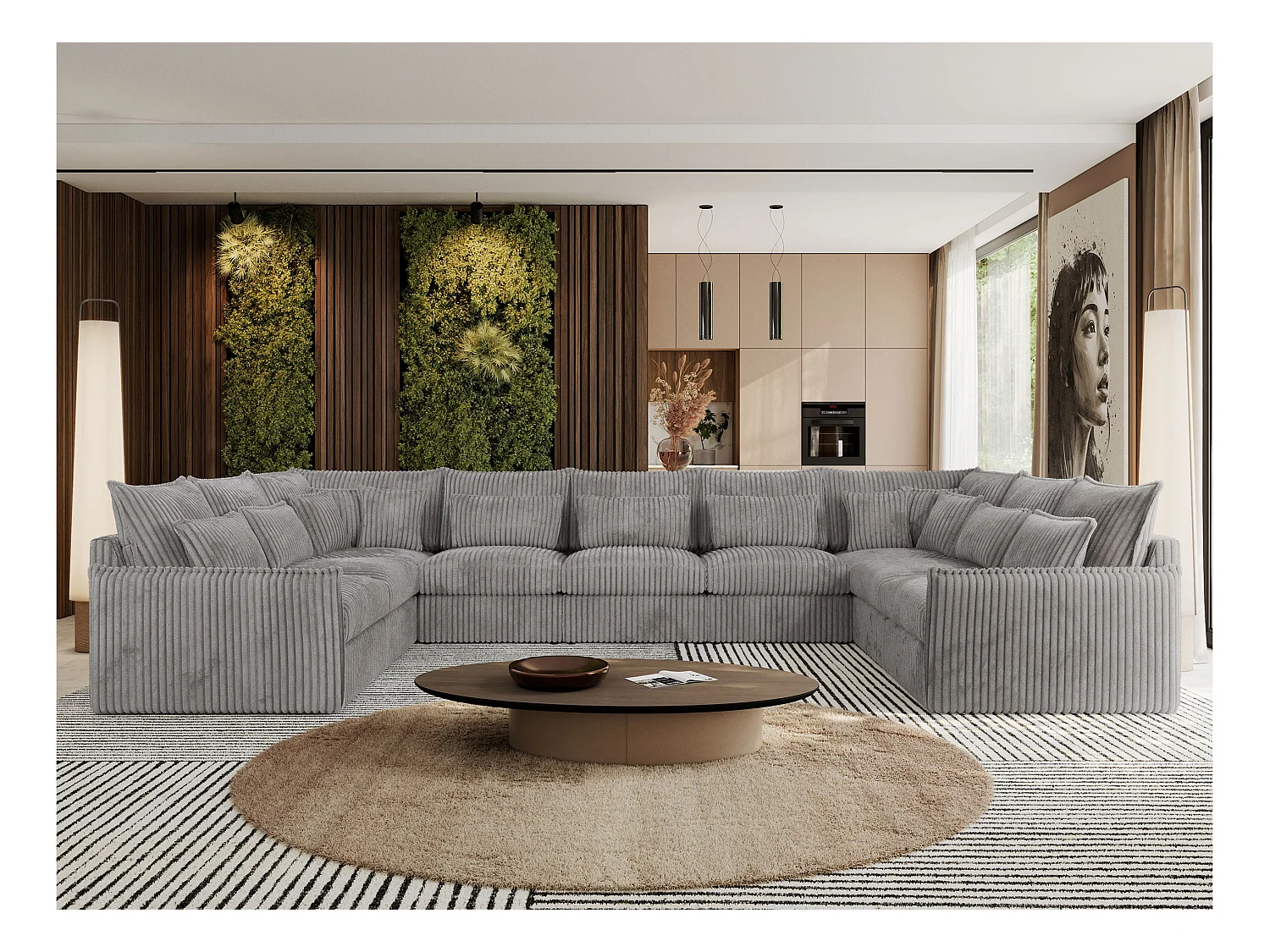 Ecksofa VERSO U9M - XXL Wohnlandschaft Ecke, modulare, Armlehnen und lose Kissen - Hellgrau Cord