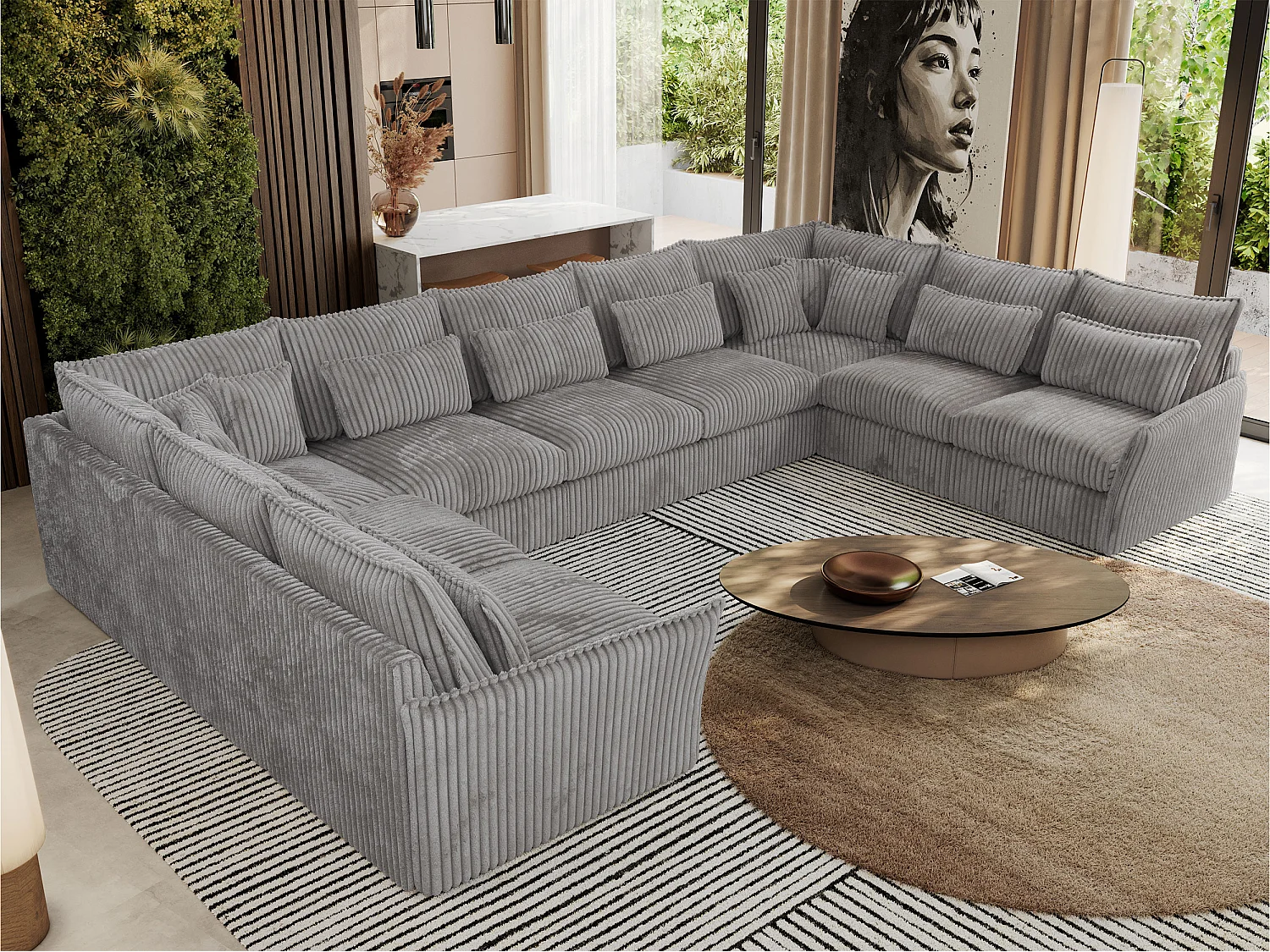 Ecksofa VERSO U9M - XXL Wohnlandschaft Ecke, modulare, Armlehnen und lose Kissen - Hellgrau Cord