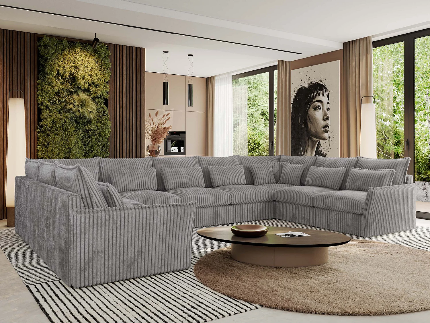 Ecksofa VERSO U9M - XXL Wohnlandschaft Ecke, modulare, Armlehnen und lose Kissen - Hellgrau Cord