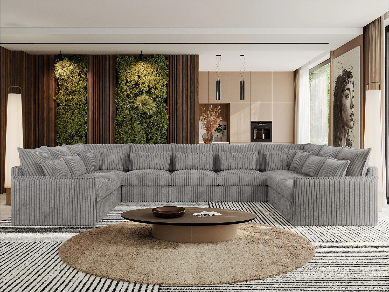 Ecksofa VERSO U9M - XXL Wohnlandschaft Ecke, modulare, Armlehnen und lose Kissen - Hellgrau Cord