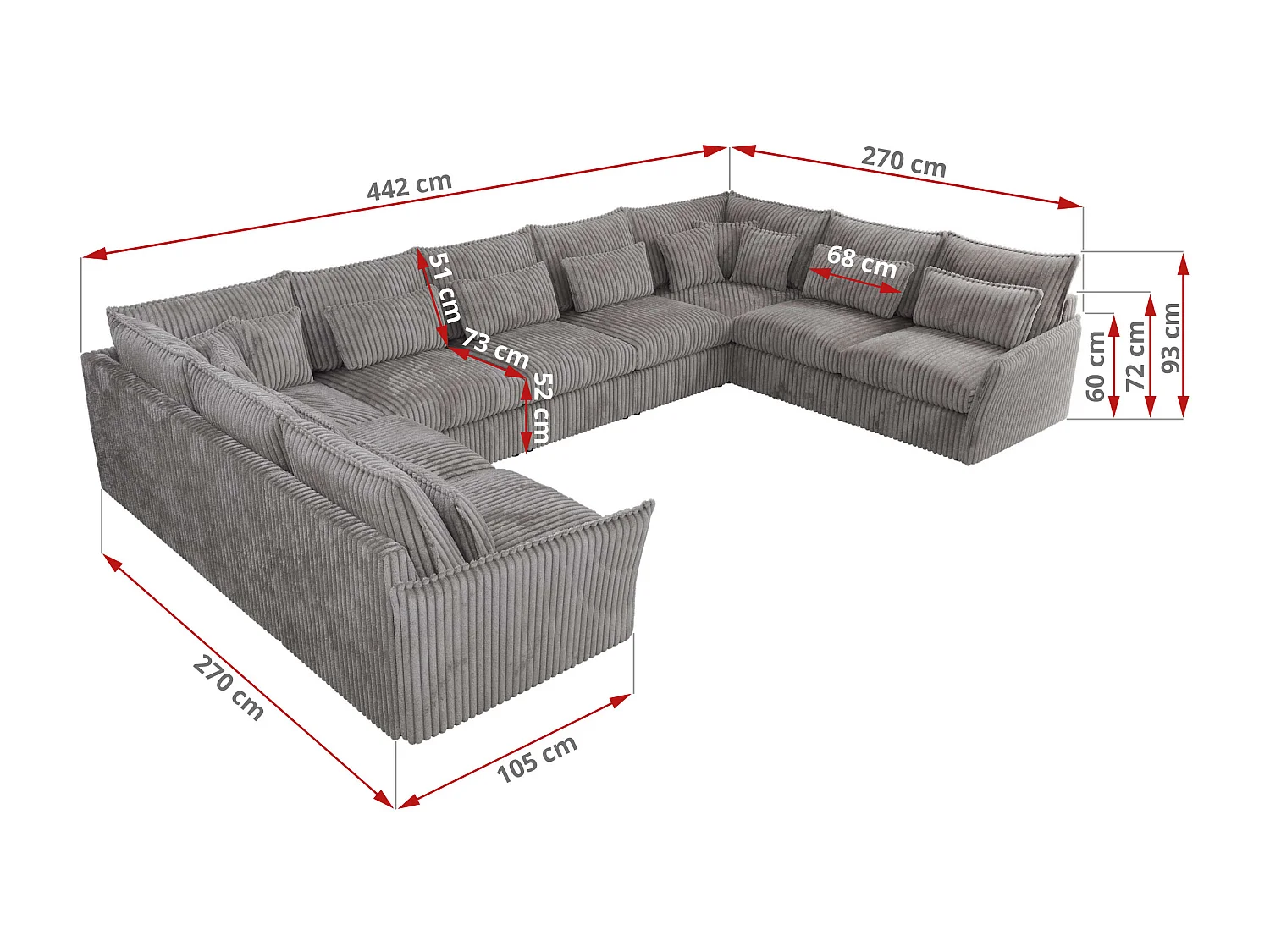 Ecksofa VERSO U9M - XXL Wohnlandschaft Ecke, modulare, Armlehnen und lose Kissen - Hellgrau Cord