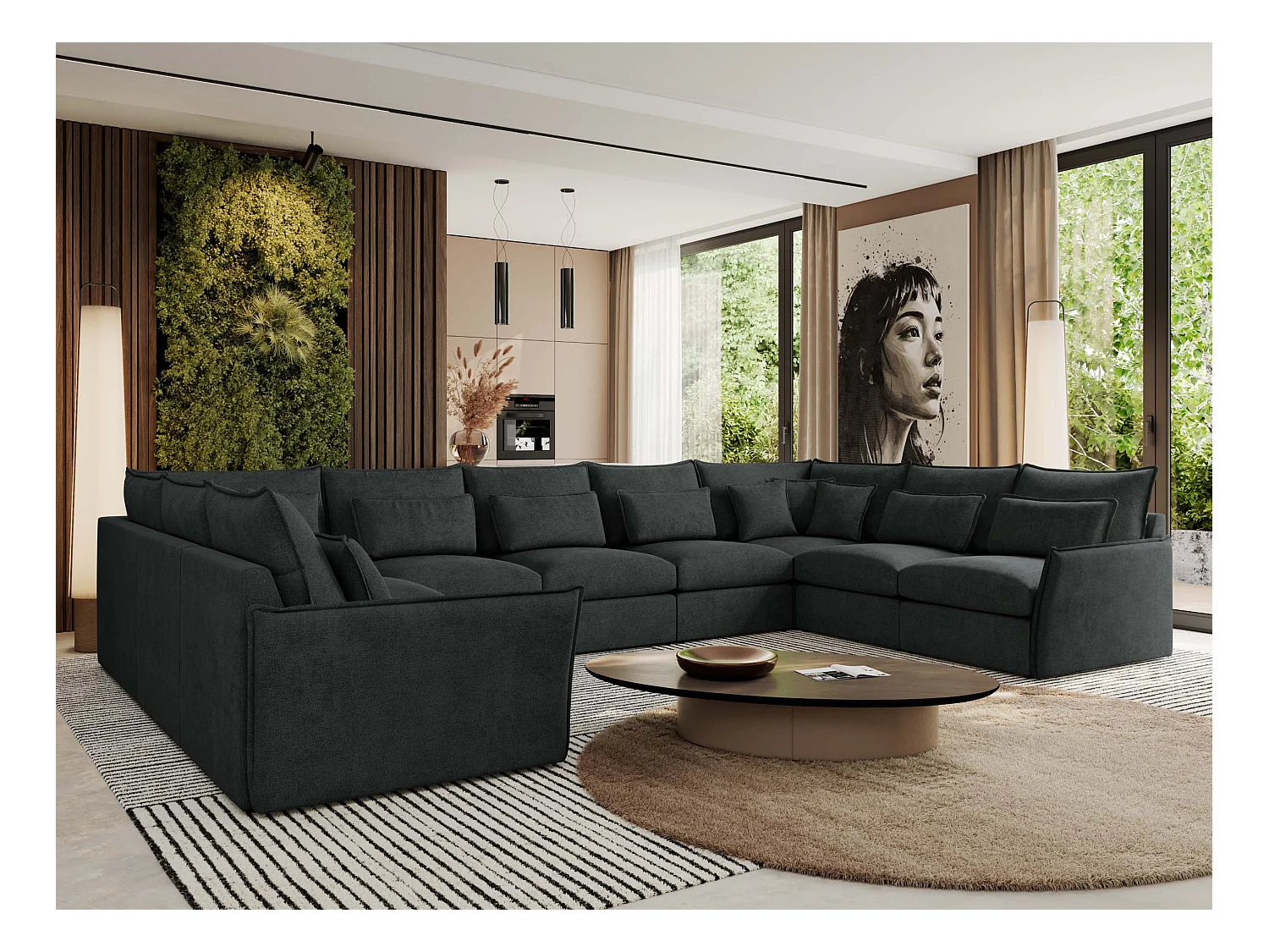 Ecksofa VERSO U9M - XXL Wohnlandschaft Ecke, modulare, Armlehnen und lose Kissen - Dunkelgrau Strukture