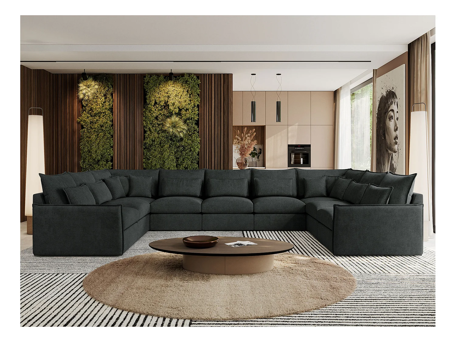 Ecksofa VERSO U9M - XXL Wohnlandschaft Ecke, modulare, Armlehnen und lose Kissen - Dunkelgrau Strukture