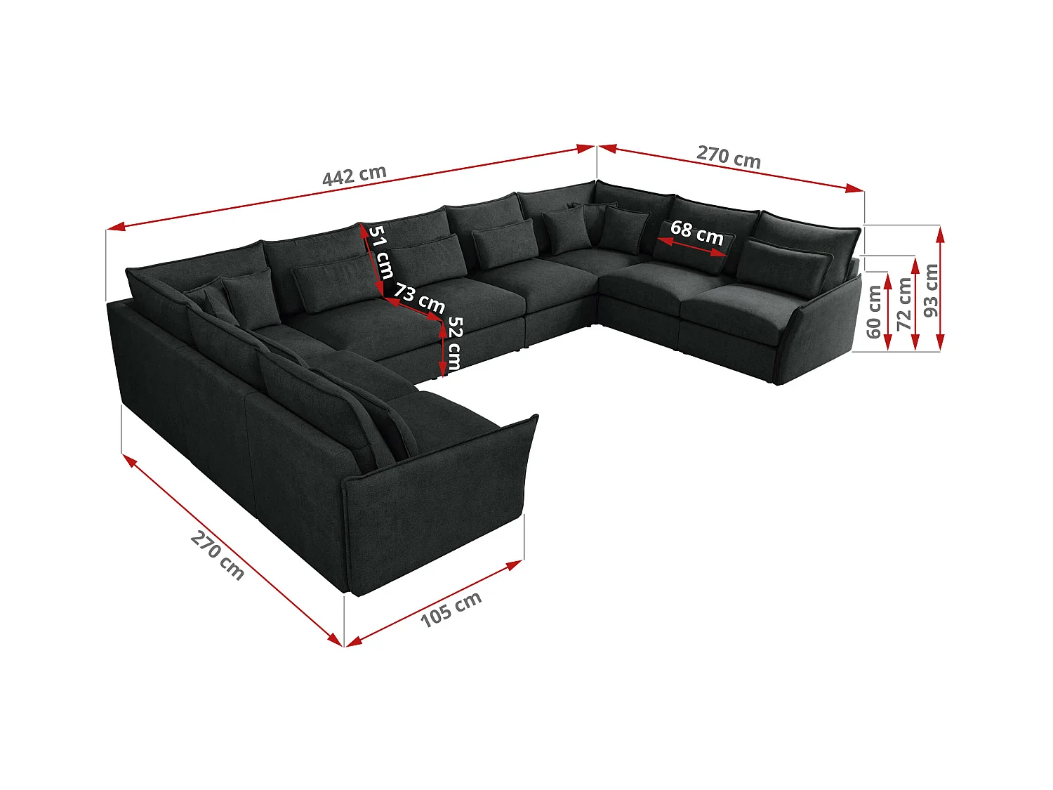 Ecksofa VERSO U9M - XXL Wohnlandschaft Ecke, modulare, Armlehnen und lose Kissen - Dunkelgrau Strukture