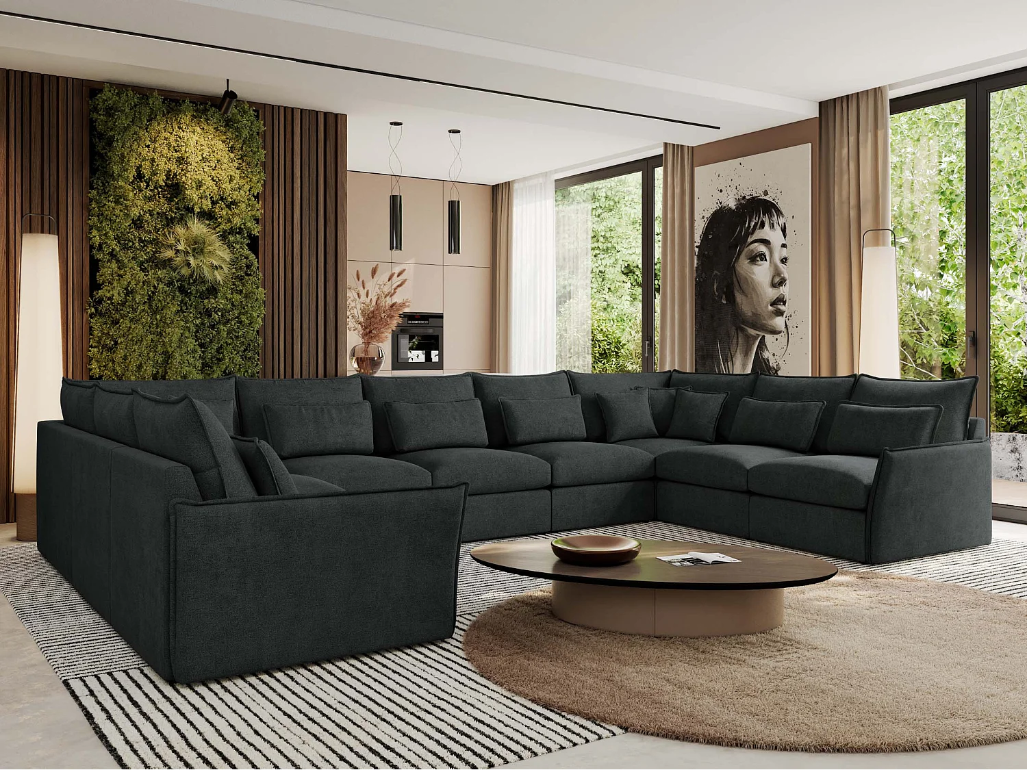 Ecksofa VERSO U9M - XXL Wohnlandschaft Ecke, modulare, Armlehnen und lose Kissen - Dunkelgrau Strukture