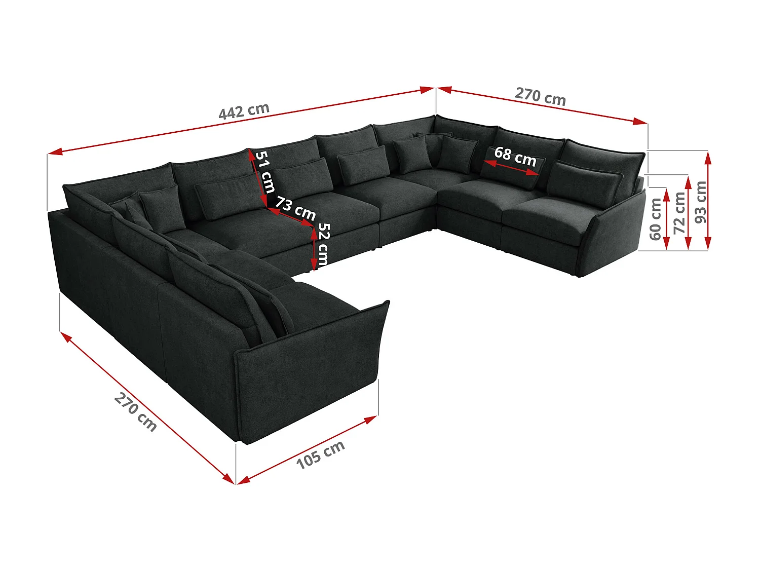 Ecksofa VERSO U9M - XXL Wohnlandschaft Ecke, modulare, Armlehnen und lose Kissen - Dunkelgrau Strukture