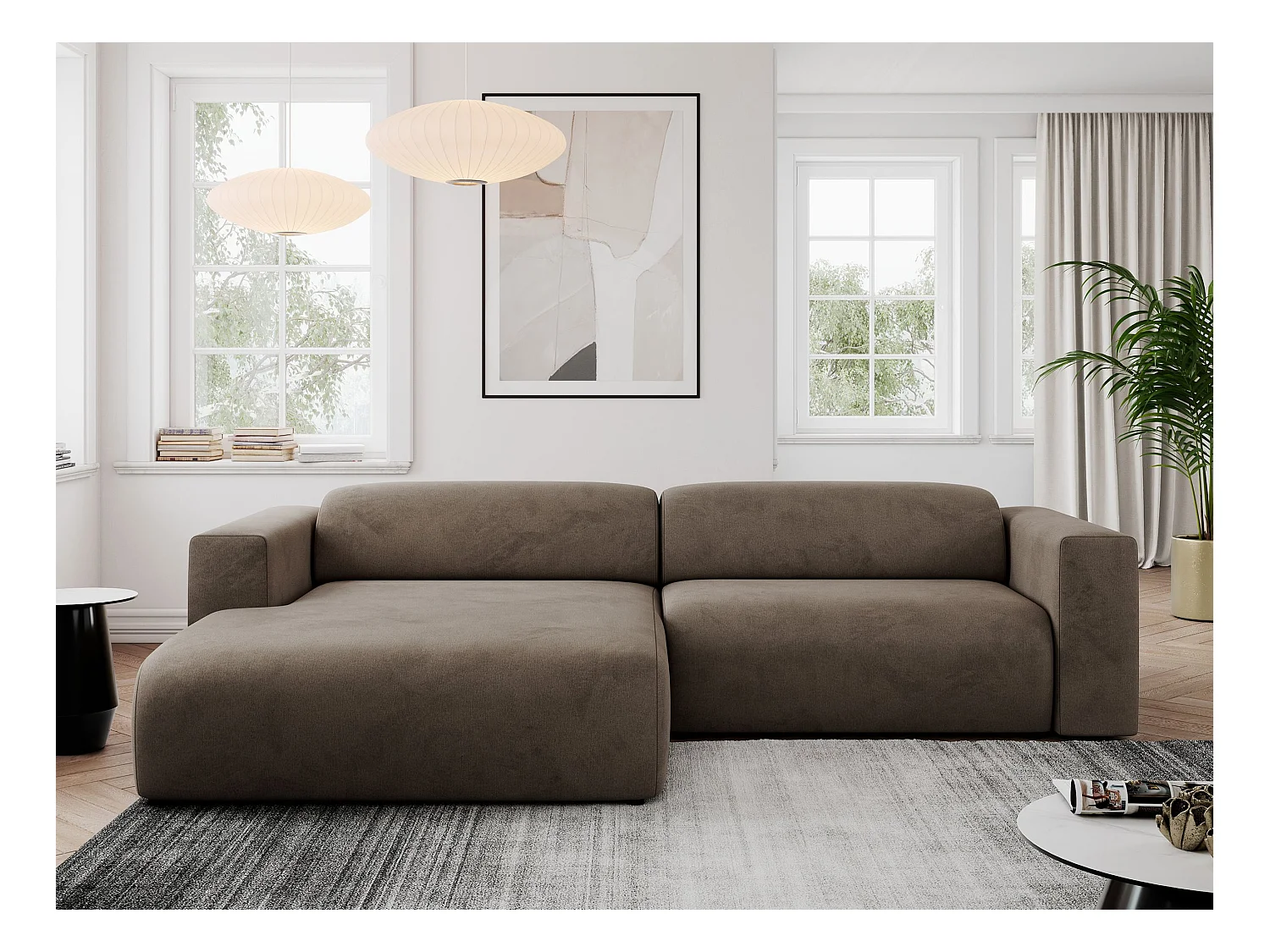 Ecksofa PASADENA - mit Armlehnen, Wohnlandschaft, freistehendes Sofa, große Ecke - Braun Velvet - Ecke Links