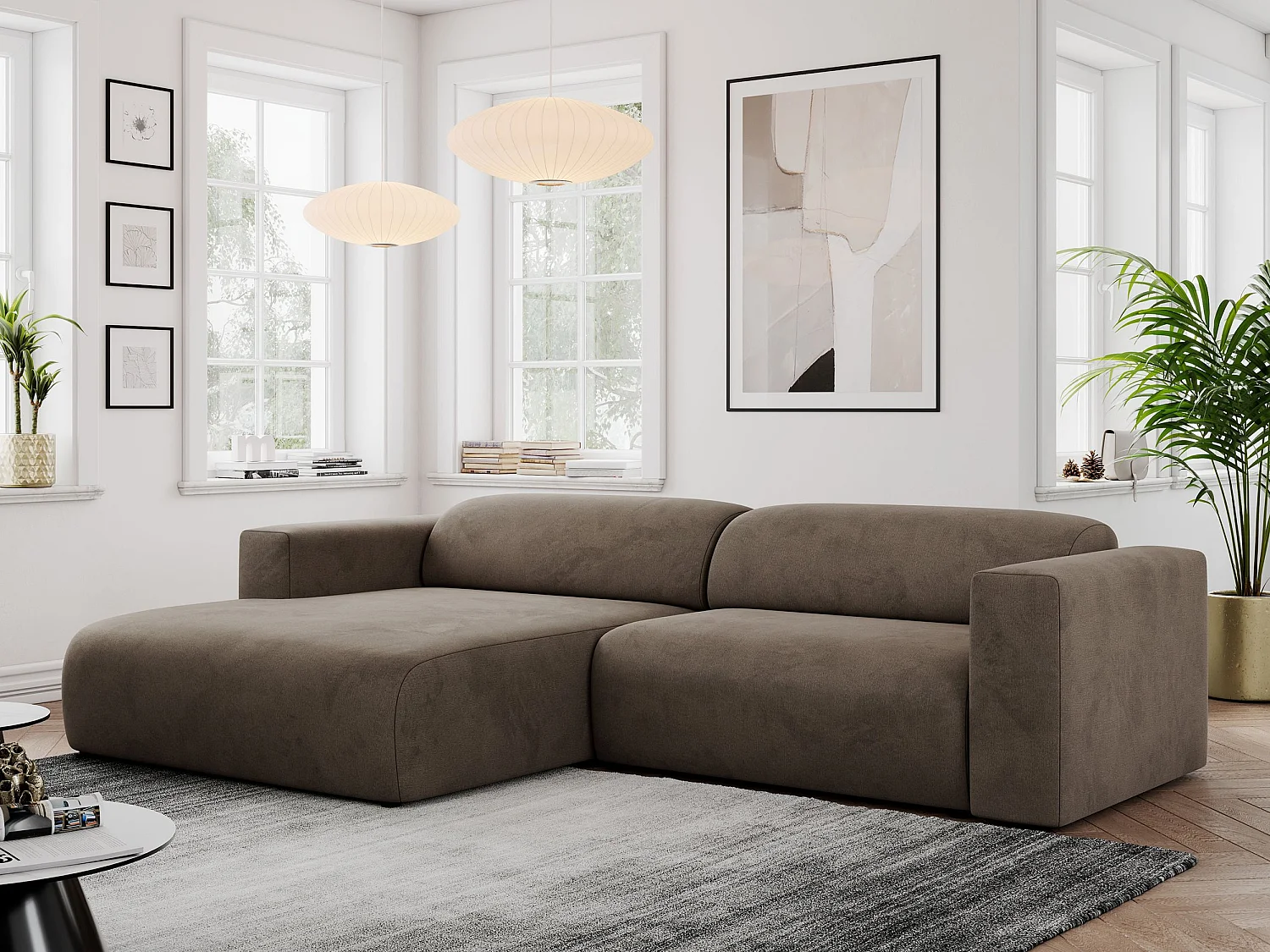 Ecksofa PASADENA - mit Armlehnen, Wohnlandschaft, freistehendes Sofa, große Ecke - Braun Velvet - Ecke Links