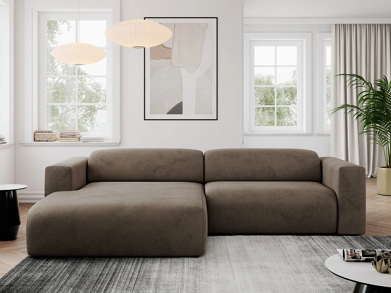 Ecksofa PASADENA - mit Armlehnen, Wohnlandschaft, freistehendes Sofa, große Ecke - Braun Velvet - Ecke Links