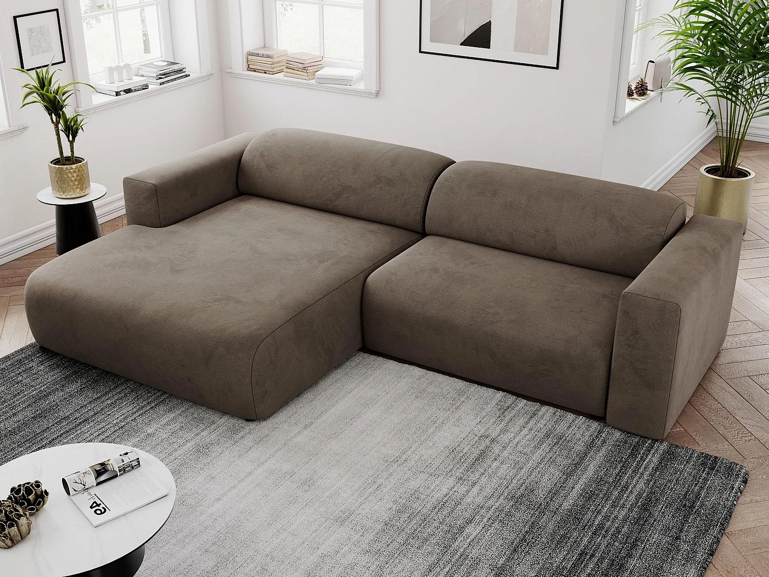 Ecksofa PASADENA - mit Armlehnen, Wohnlandschaft, freistehendes Sofa, große Ecke - Braun Velvet - Ecke Links
