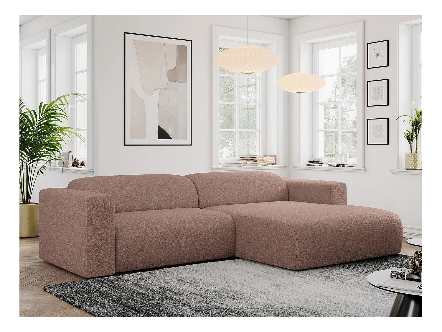 Ecksofa PASADENA - mit Armlehnen, Wohnlandschaft, freistehendes Sofa, große Ecke - Rosa Boucle - Ecke Rechts