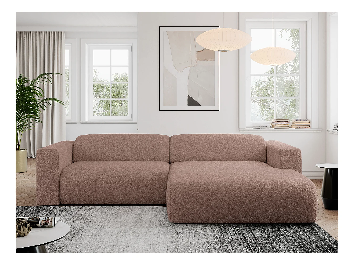 Ecksofa PASADENA - mit Armlehnen, Wohnlandschaft, freistehendes Sofa, große Ecke - Rosa Boucle - Ecke Rechts