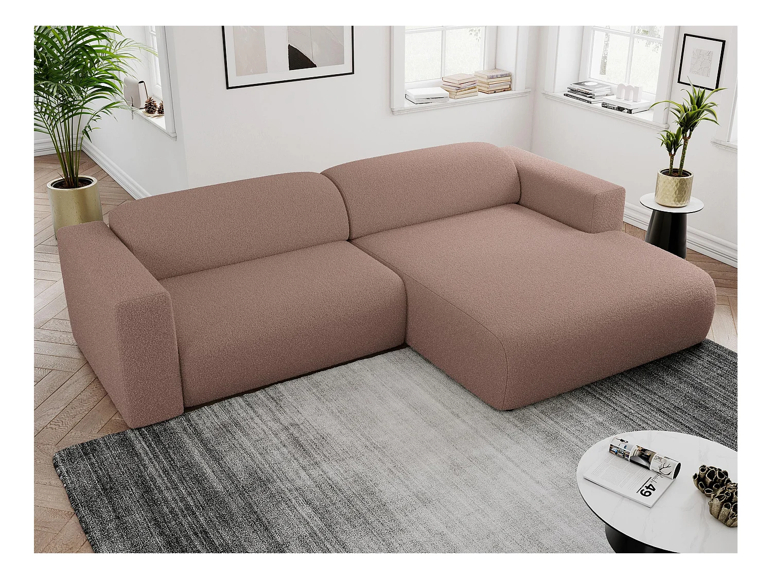Ecksofa PASADENA - mit Armlehnen, Wohnlandschaft, freistehendes Sofa, große Ecke - Rosa Boucle - Ecke Rechts