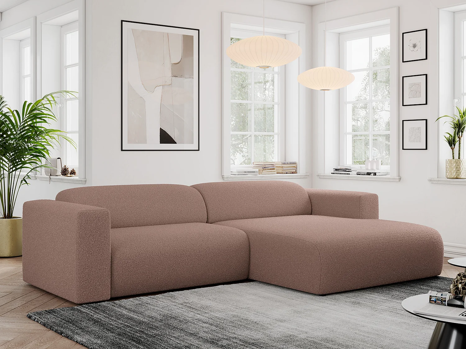 Ecksofa PASADENA - mit Armlehnen, Wohnlandschaft, freistehendes Sofa, große Ecke - Rosa Boucle - Ecke Rechts