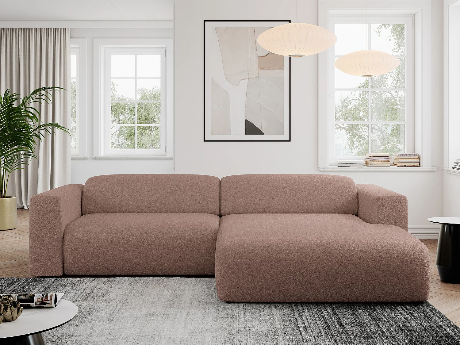 Ecksofa PASADENA - mit Armlehnen, Wohnlandschaft, freistehendes Sofa, große Ecke - Rosa Boucle - Ecke Rechts