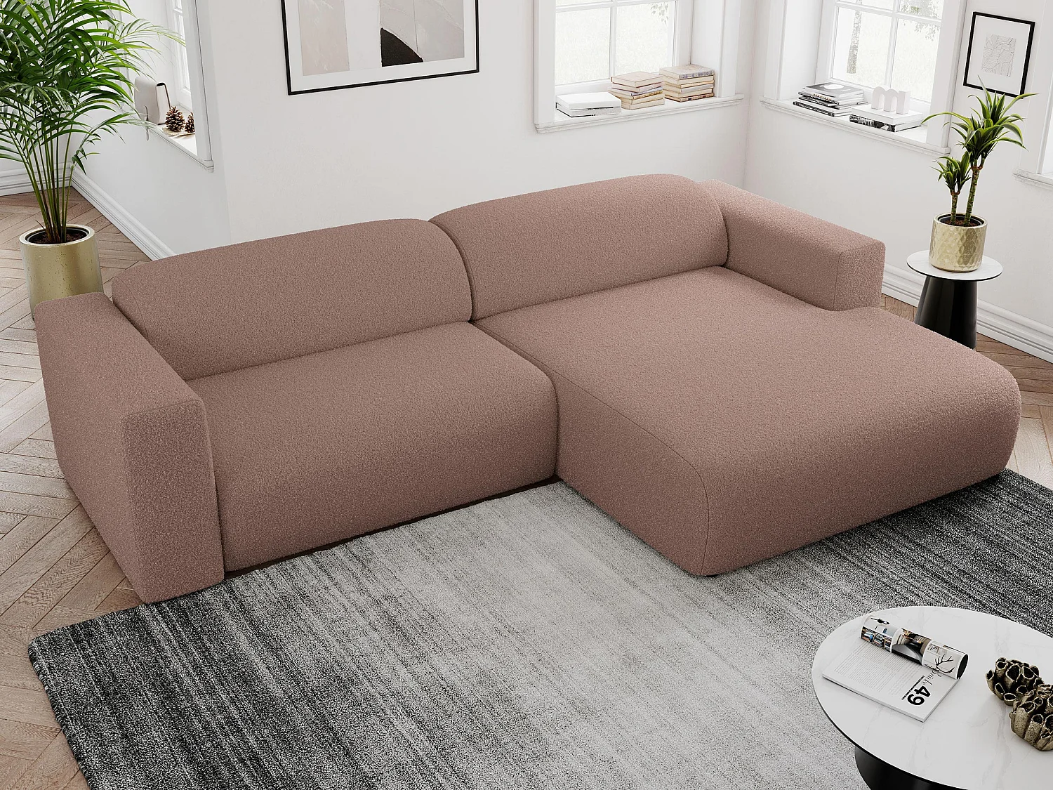 Ecksofa PASADENA - mit Armlehnen, Wohnlandschaft, freistehendes Sofa, große Ecke - Rosa Boucle - Ecke Rechts