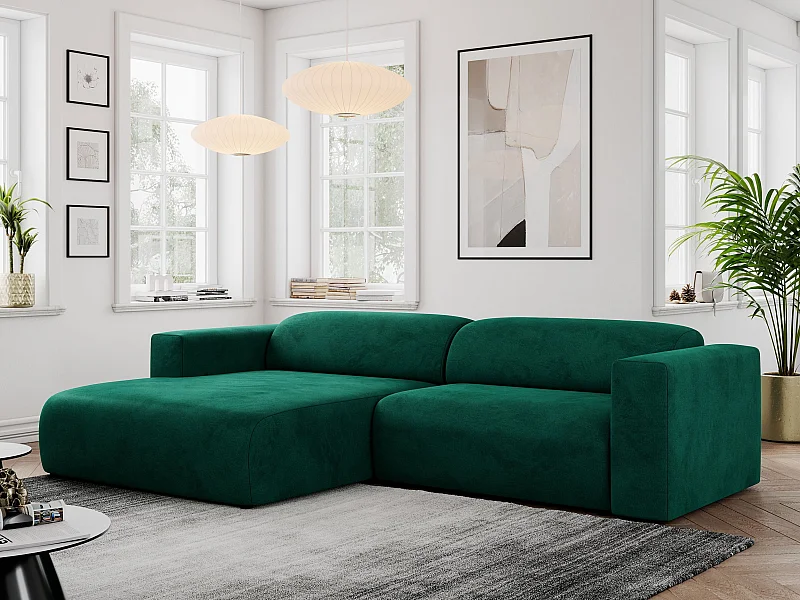 Ecksofa PASADENA - mit Armlehnen, Wohnlandschaft, freistehendes Sofa, große Ecke - Dunkelgrün Velvet - Ecke Links